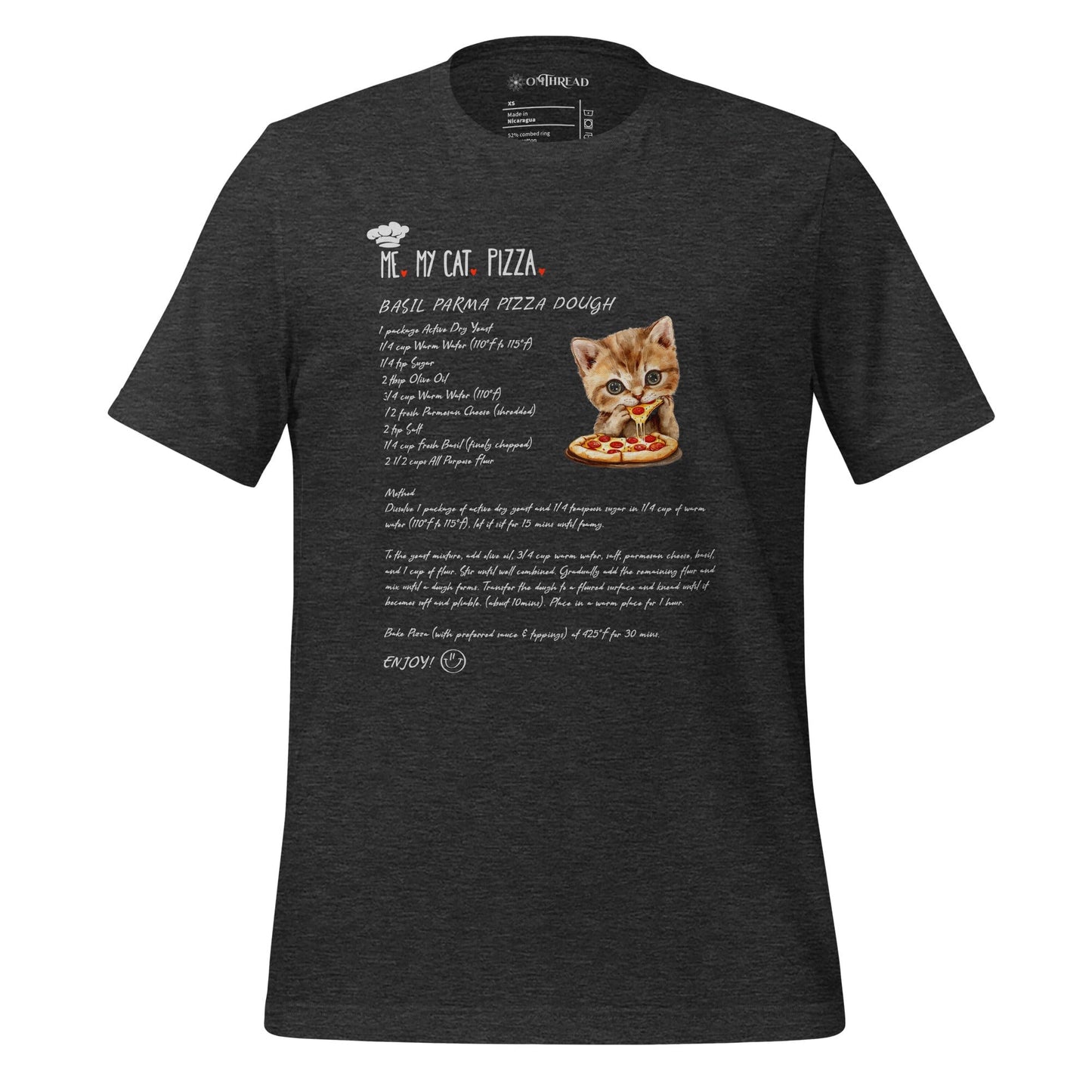 OMThread dark gray t-shirt featuring a playful design of a kitten holding a slice of pizza next to a detailed recipe for basil parmesan pizza dough. The text "Me, My Cat, Pizza" is displayed above the ingredients and instructions, styled in a handwritten font.