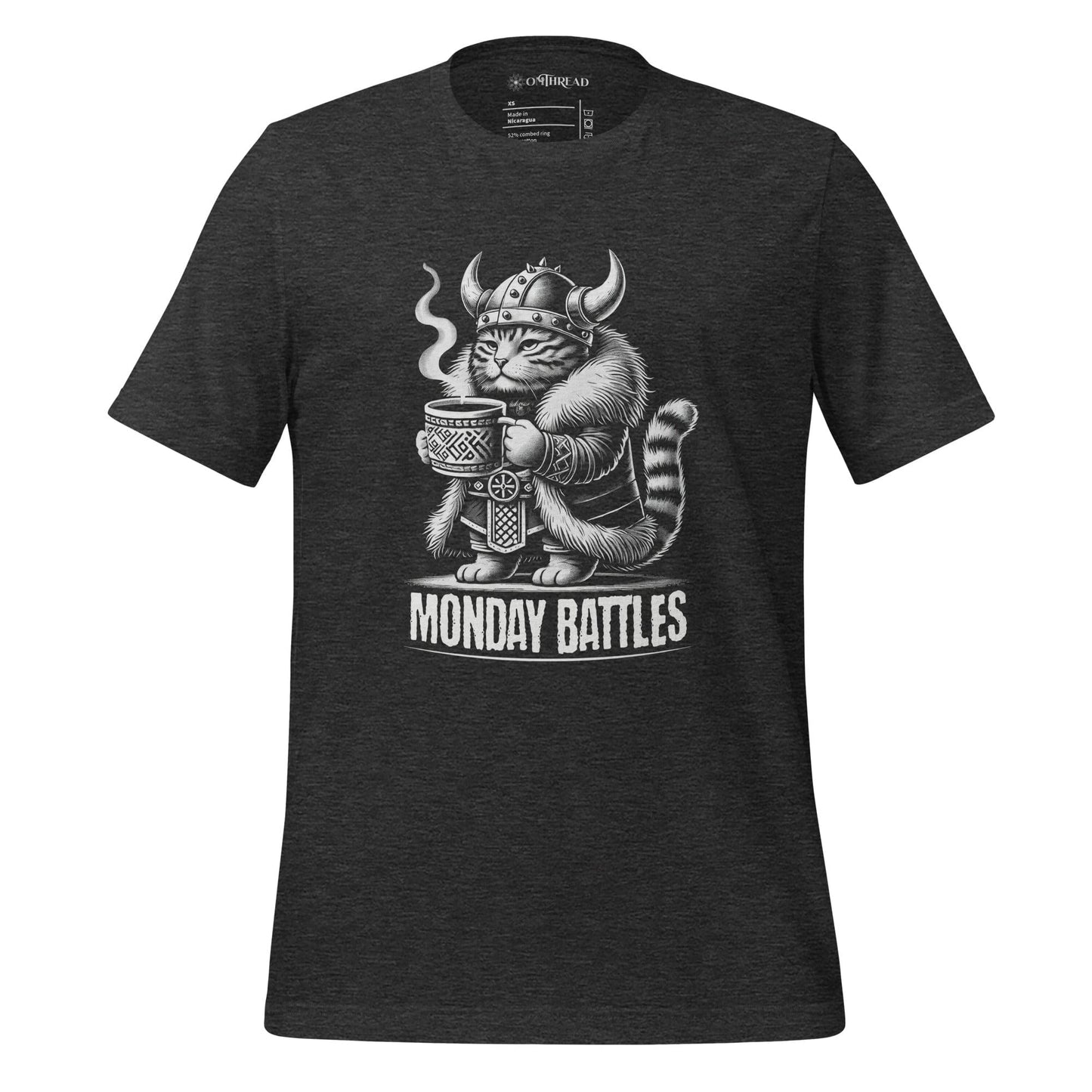 OMTHREAD dark gray Viking cat t-shirt featuring a fierce feline warrior gripping a steaming cup of coffee, wearing a Norse helmet. 'Monday Battles' text included
