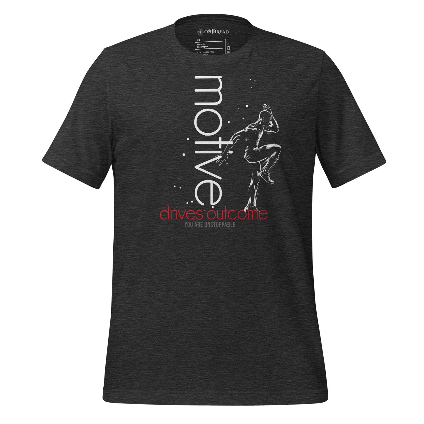 OMThread dark gray t-shirt with white silhouette of an athlete in motion, text reading "Motive Drives Outcome" in vertical alignment.