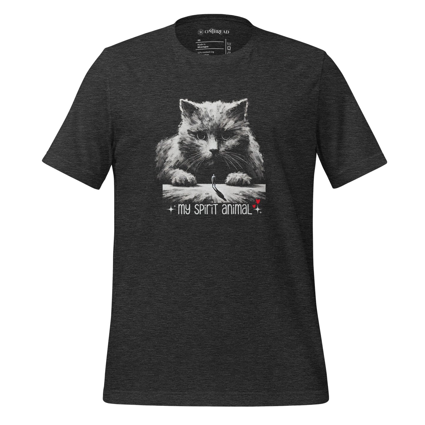 OMTHREAD dark gray t-shirt featuring a detailed illustration of a large, mystical long-haired cat watching over a lone traveler with the phrase "My Spirit Animal" in stylized text.