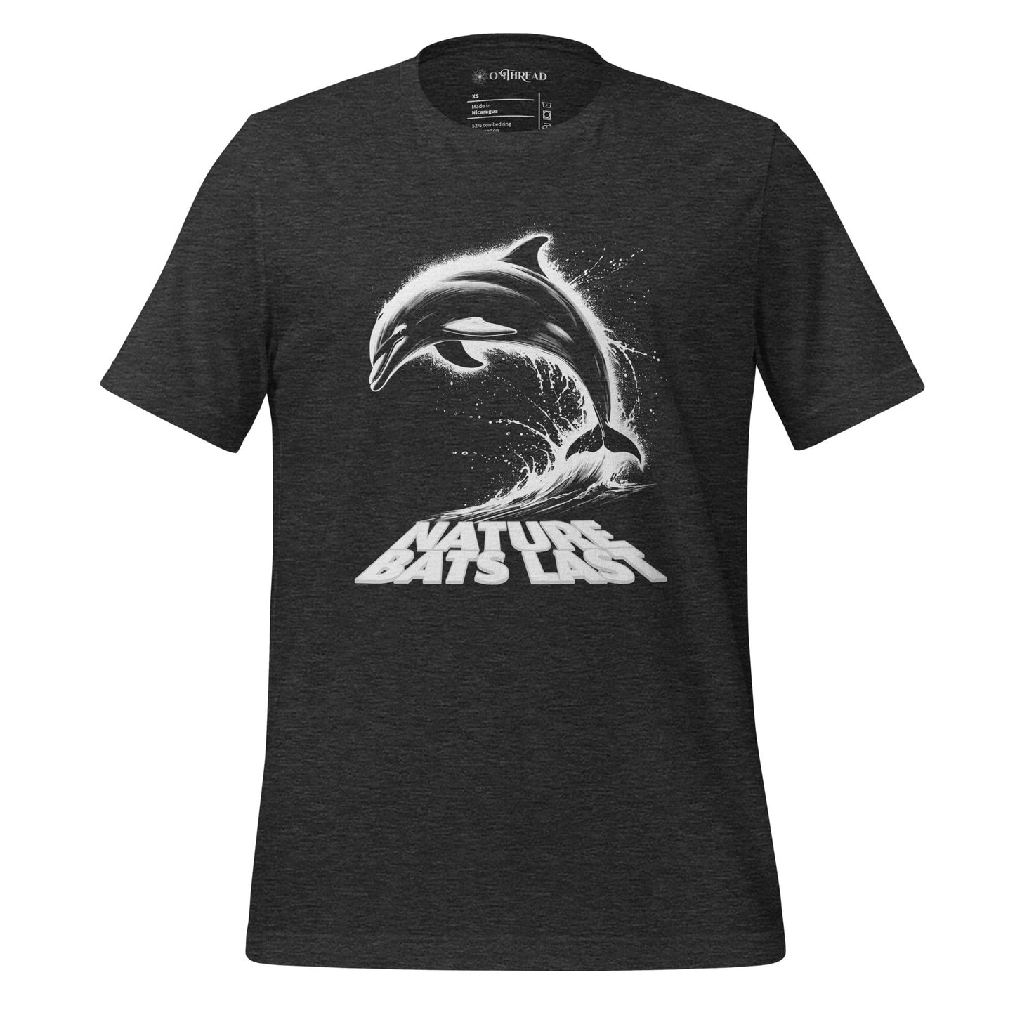 OMTHREAD dark grey heather t-shirt featuring a dynamic black and white illustration of a dolphin leaping from ocean waves with the text "Nature Bats Last" in bold typography.