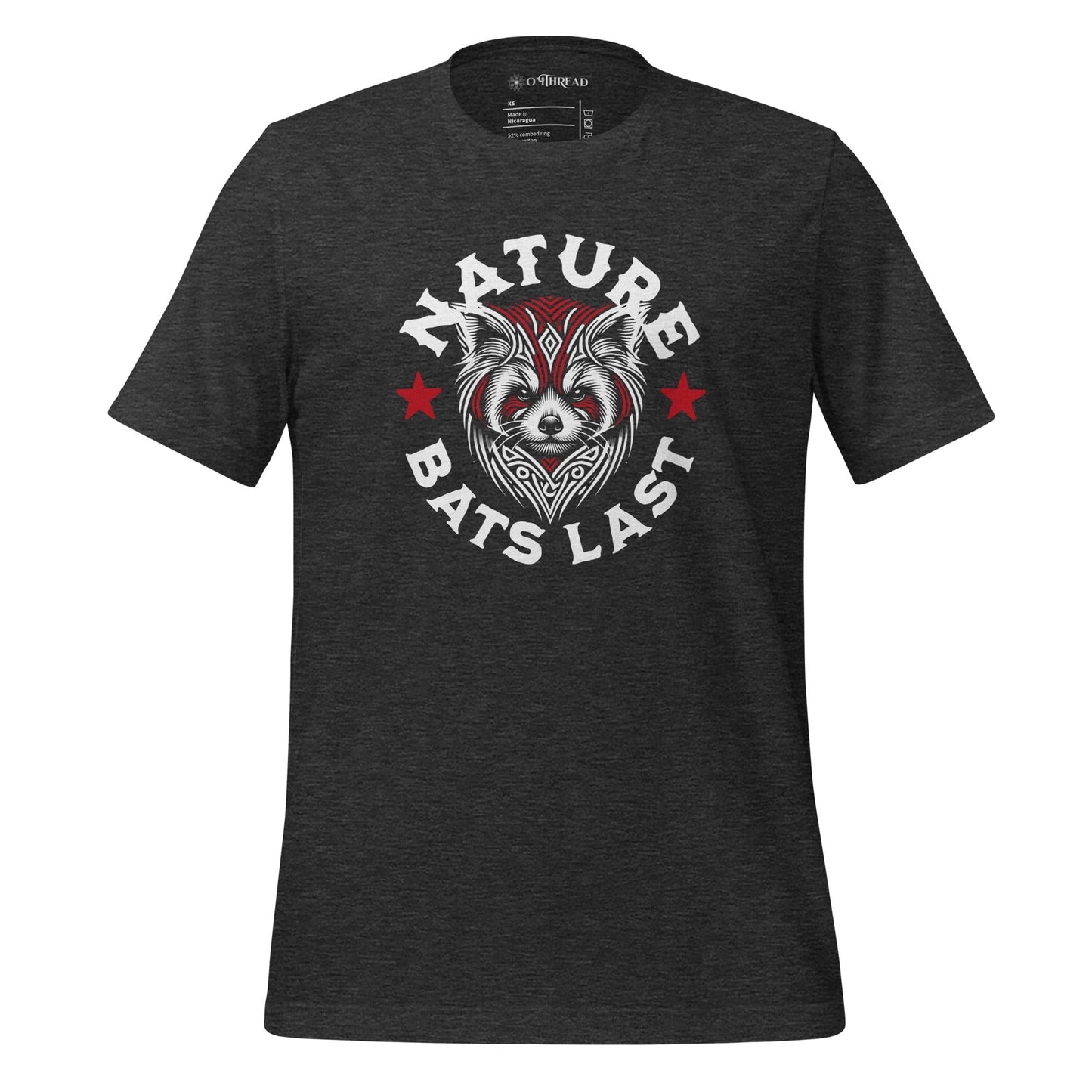 OMThread dark gray t-shirt with a tribal-style red panda illustration and bold "Nature Bats Last" text, featuring red stars on a dark background.