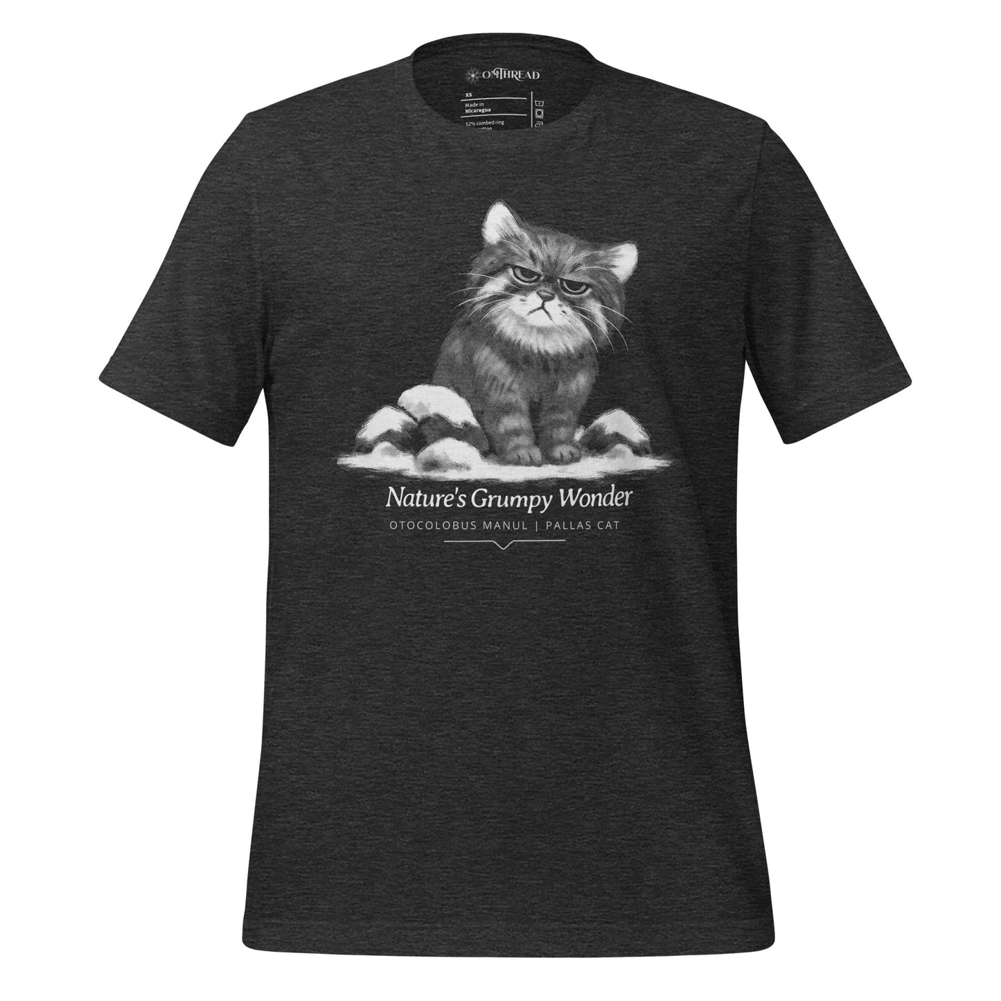 OMTHREAD Dark Grey Heather / XS Nature’s Grumpy Wonder Pallas Cat T-Shirt, Grumpy Cat Tee, Giftable Wildlife Conservation Shirt