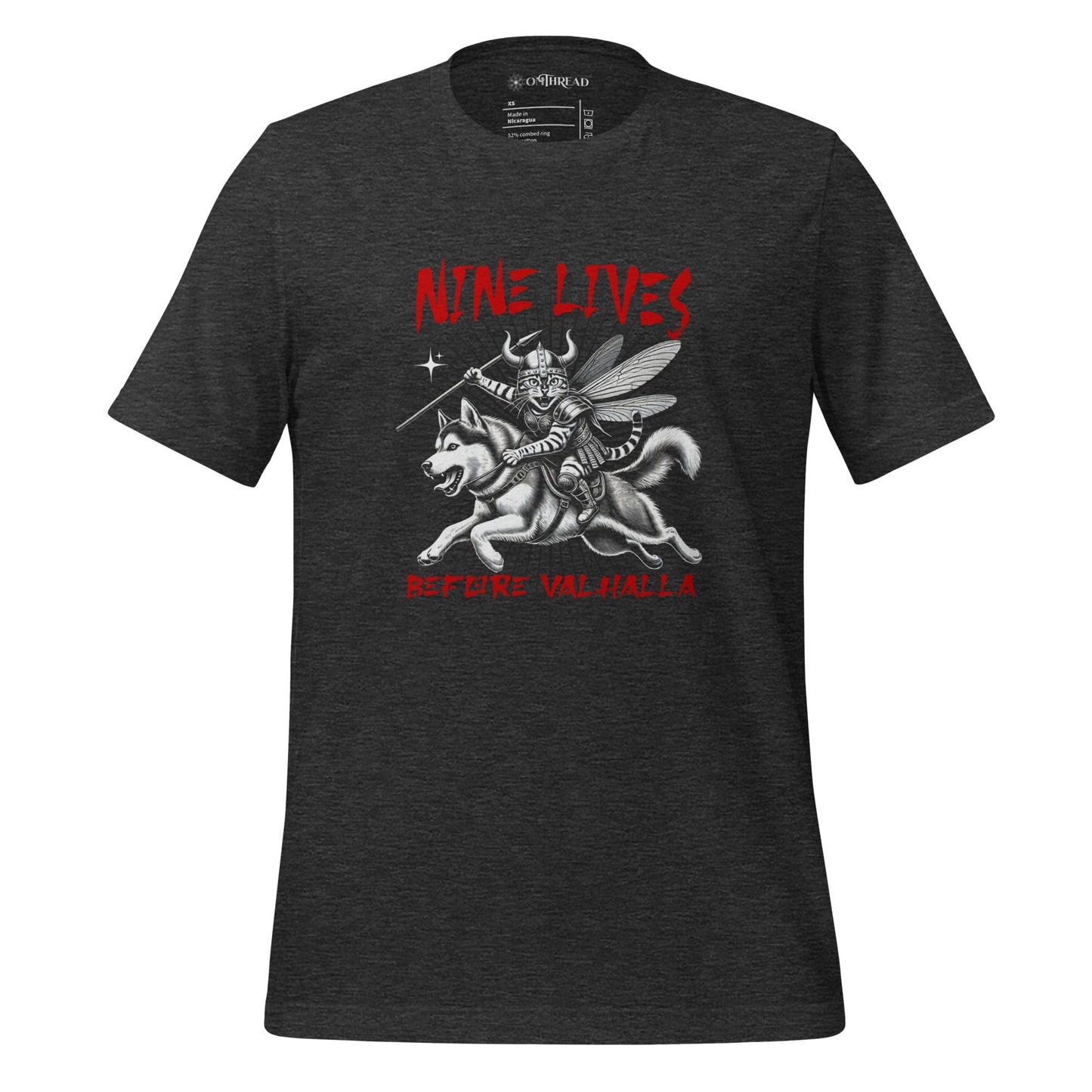 OMTHREAD Nine Lives Before Valhalla Dark Gray T-Shirt featuring a Viking cat warrior riding a husky, inspired by Norse mythology. Black tee with bold red text and dynamic artwork.