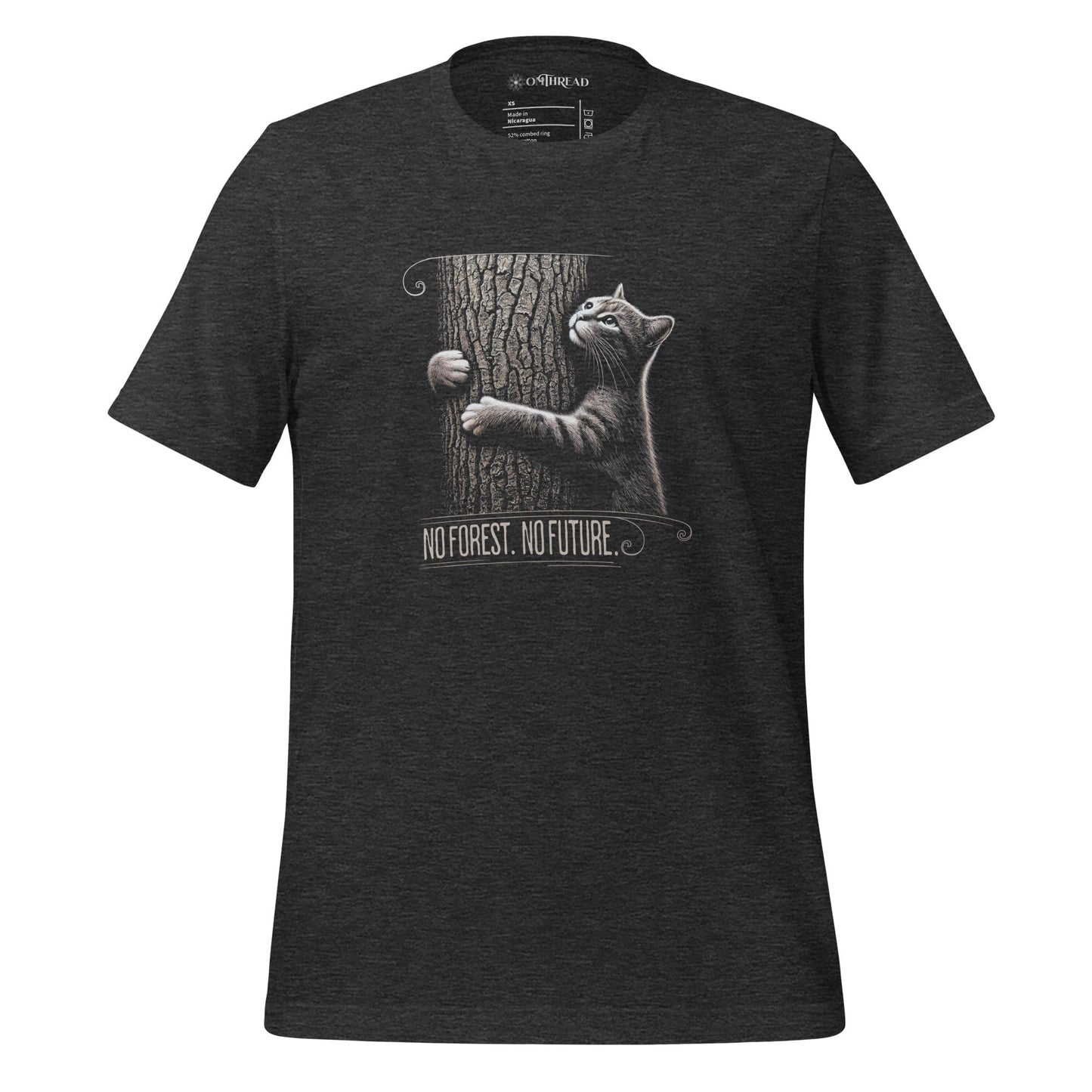 OMTHREAD No Forest No Future Cat T-Shirt. Dark Gray eco-friendly tee with a cat hugging a tree, symbolizing forest conservation and climate awareness. Ideal for nature lovers.