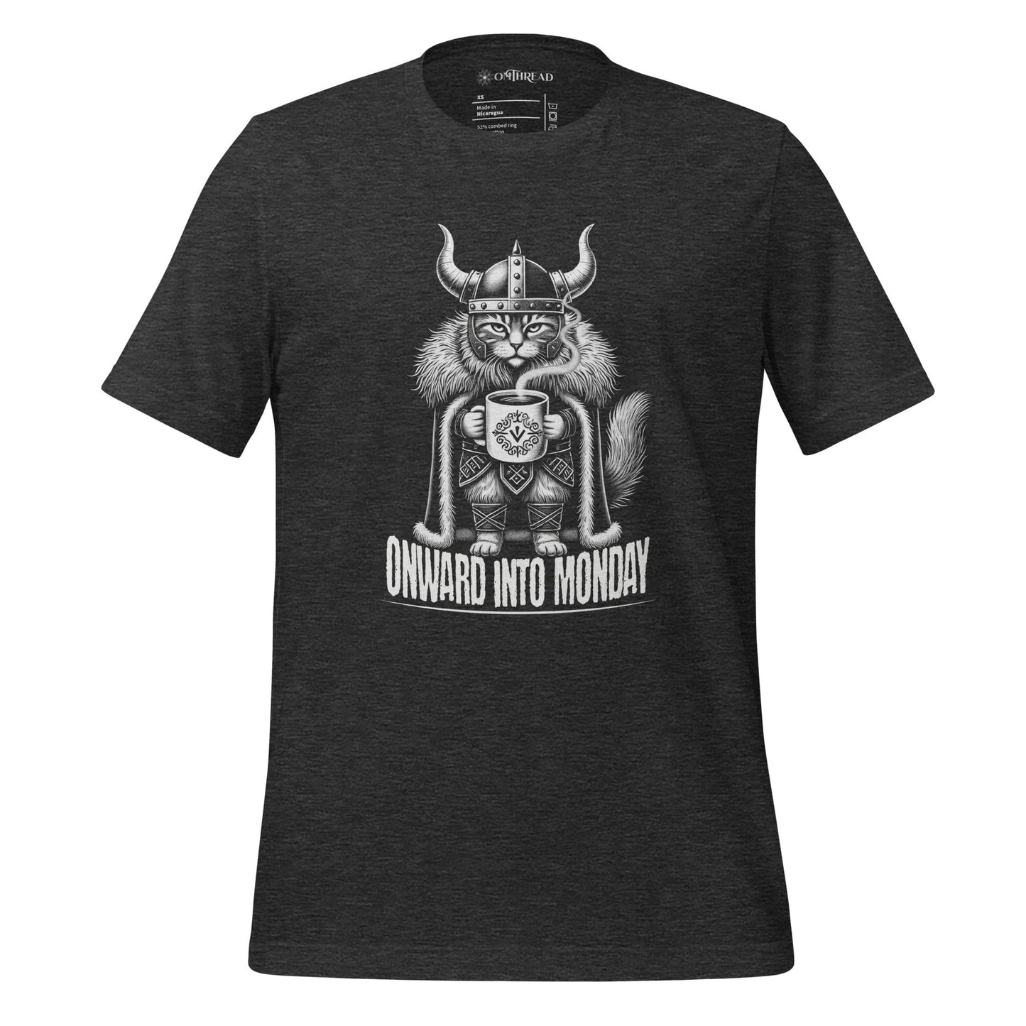 OMThread Onward Into Monday dark gray t-shirt featuring a Viking cat holding a coffee cup, wearing a horned helmet and fur cloak, with the phrase "Onward Into Monday" below