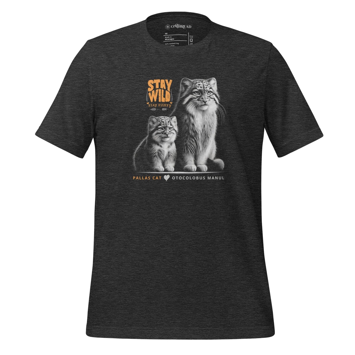 OMThread dark gray t-shirt featuring an illustration of two Pallas cats, one adult and one kitten. The design includes the phrase "STAY WILD STAY FLUFFY" in bold orange text above them and "PALLAS CAT OTOCOLOBUS MANUL" in a clean font below.