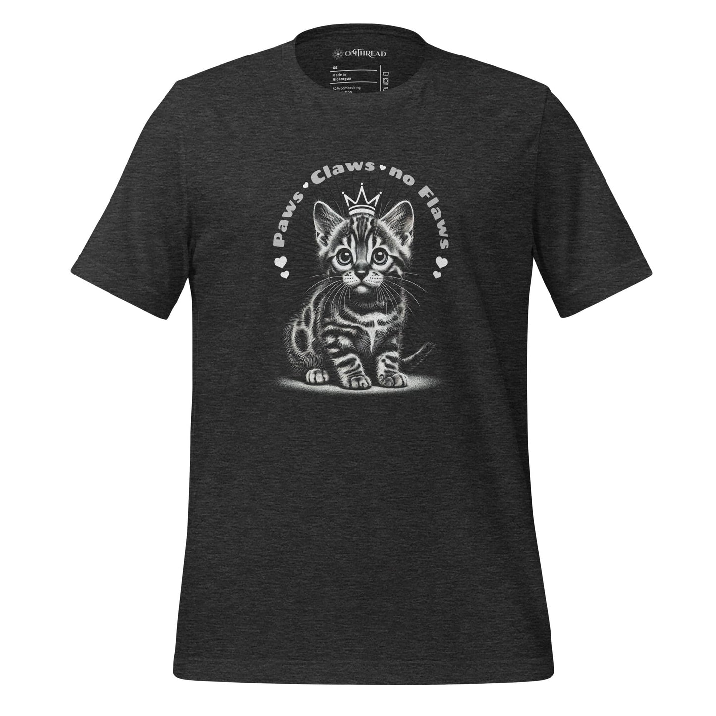 OMTHREAD dark gray t-shirt featuring a detailed illustration of a Bengal kitten wearing a small crown. The phrase "Paws, Claws, no Flaws" arches over the kitten with small decorative hearts.