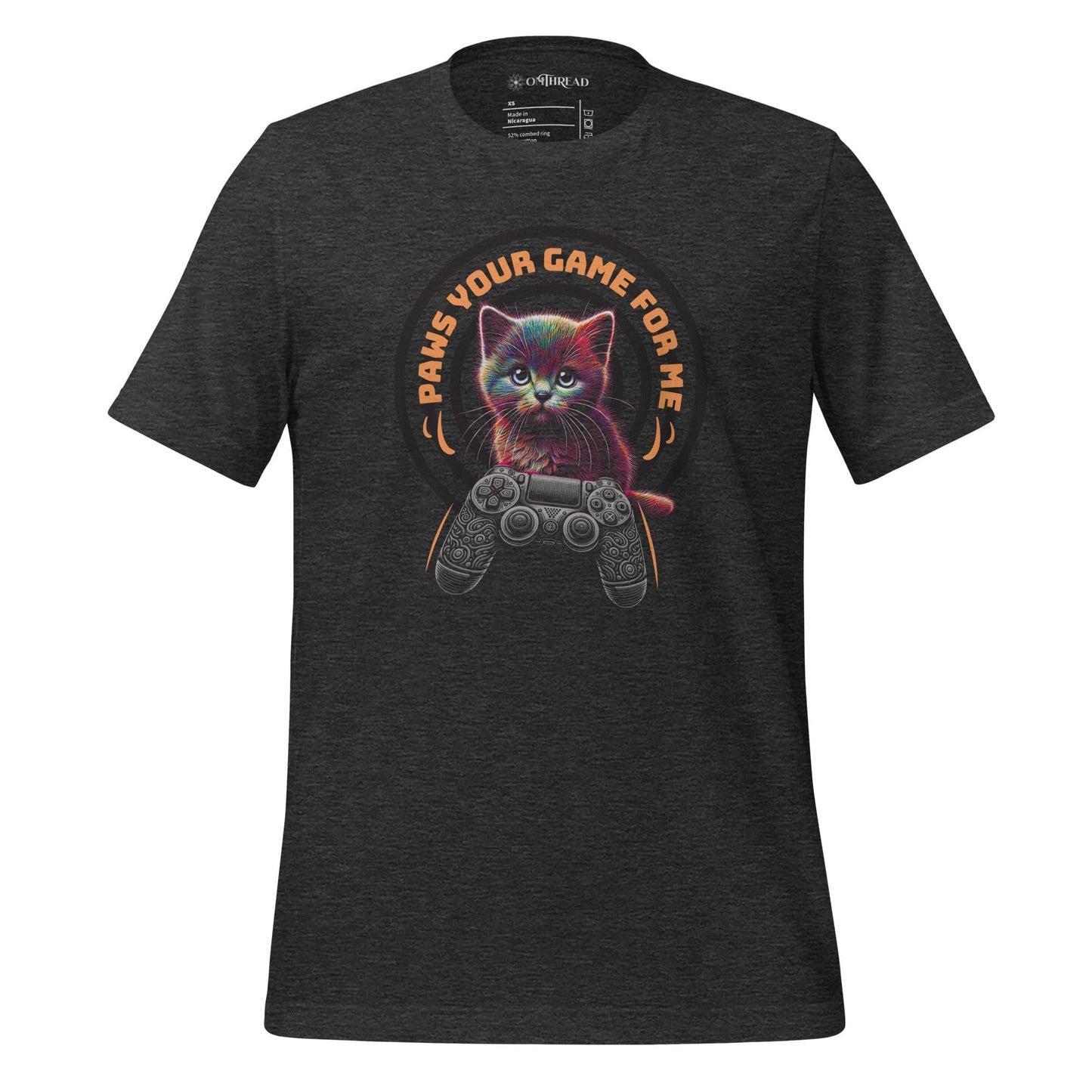 OMTHREAD dark gray t-shirt featuring a neon-style cat holding a video game controller with the phrase "Paws Your Game For Me" in bold orange text. The design blends vibrant colors with a futuristic gamer aesthetic.