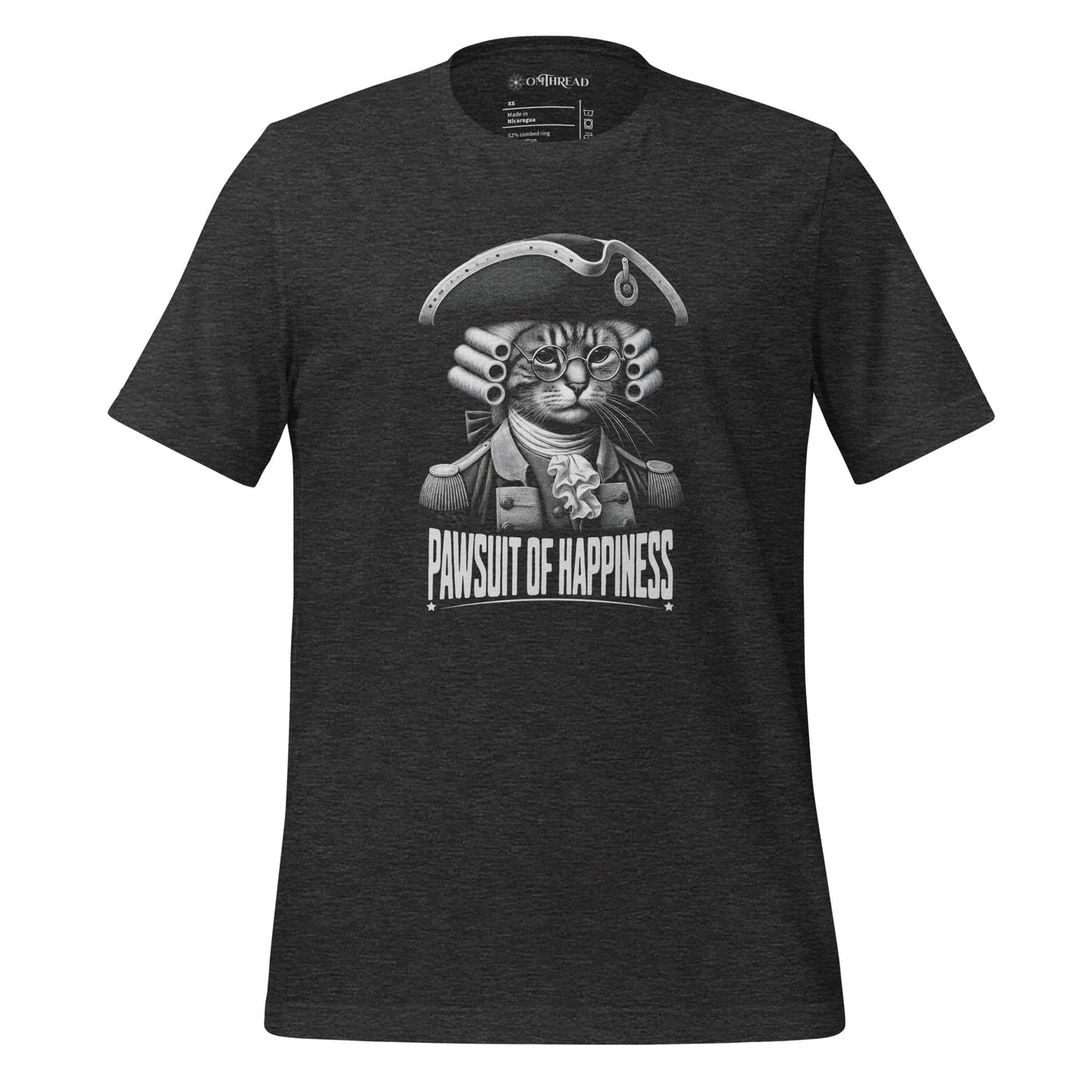 OMTHREAD dark gray t-shirt featuring a detailed illustration of a cat dressed as a founding father in colonial attire, wearing a tricorn hat and glasses. Below, the phrase "Pawsuit of Happiness" is displayed in bold lettering.