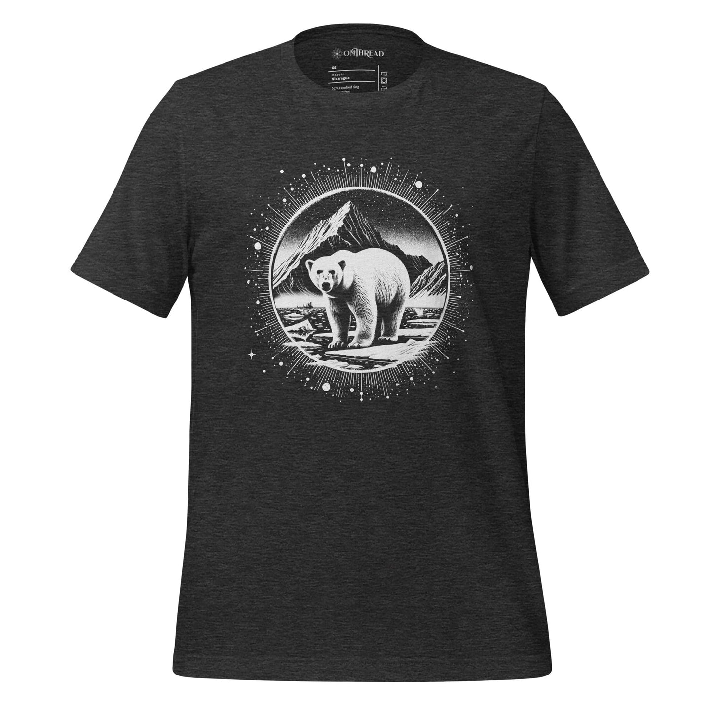 OMTHREAD dark grey heather t-shirt featuring a detailed black and white illustration of a polar bear standing in an Arctic landscape, framed by a circular cosmic halo design.