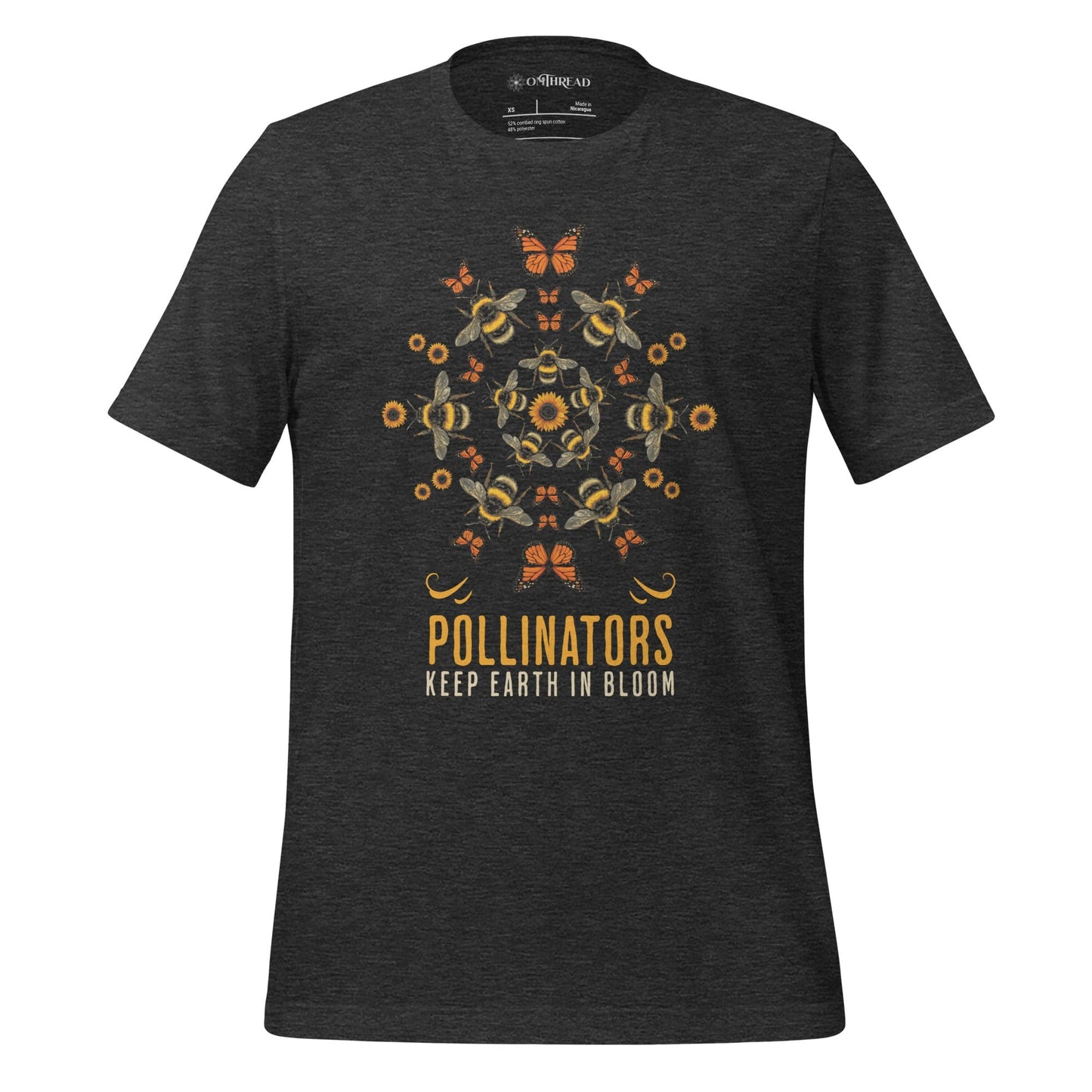 OMTHREAD Dark Grey Heather / XS Pollinators Keep Earth in Bloom Shirt Monarch Butterfly and Bee Nature Tee