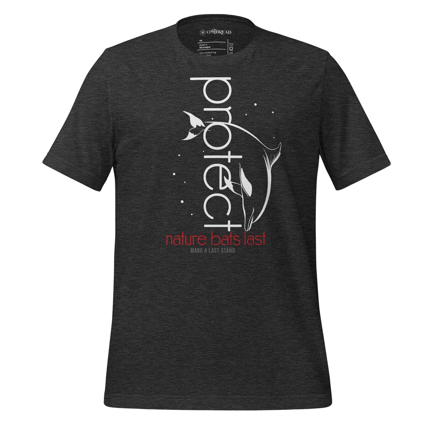 OMTHREAD dark grey heather t-shirt featuring a white dolphin illustration with the word "Protect" in vertical text and "Nature Bats Last" in red and "Make a Last Stand" below.