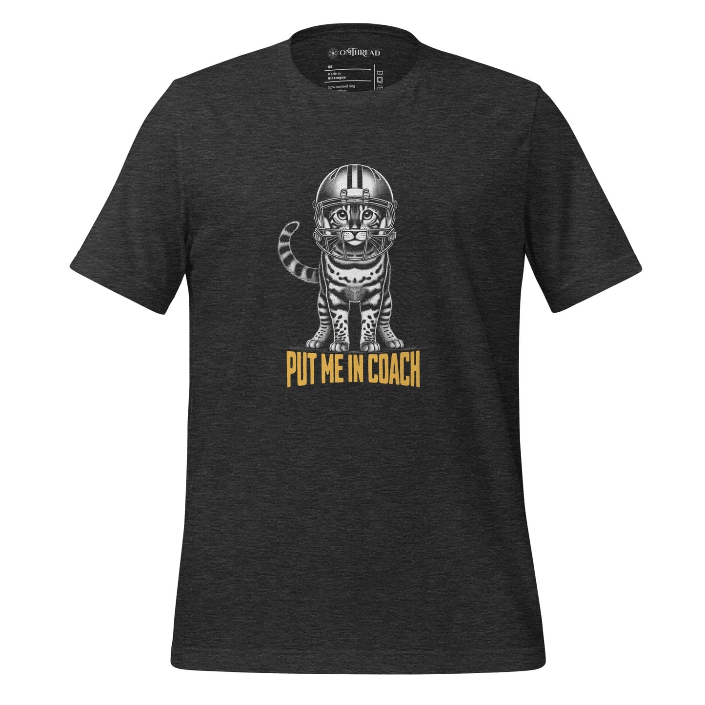 OMTHREAD dark gray t-shirt featuring a Bengal cat in a football helmet with "Put Me In Coach" text. The cat stands with bold linework and a radiant background.
