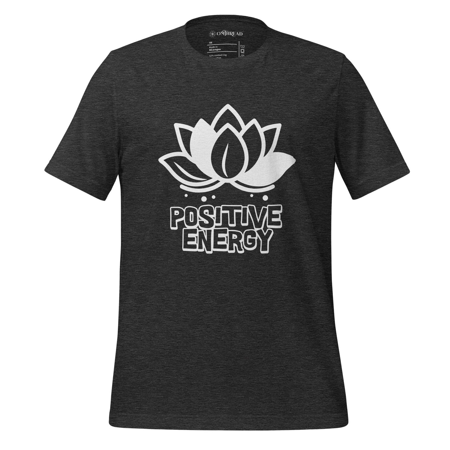 OMTHREAD Dark Grey Heather Radiate Positive Energy Motivational Tee with a lotus flower design and bold text 'Positive Energy' in white.