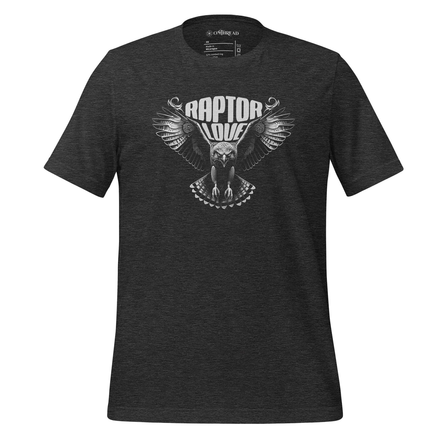 OMTHREAD dark gray t-shirt with a detailed raptor design featuring a hawk in mid-flight with outstretched wings and the bold text "Raptor Love" above.