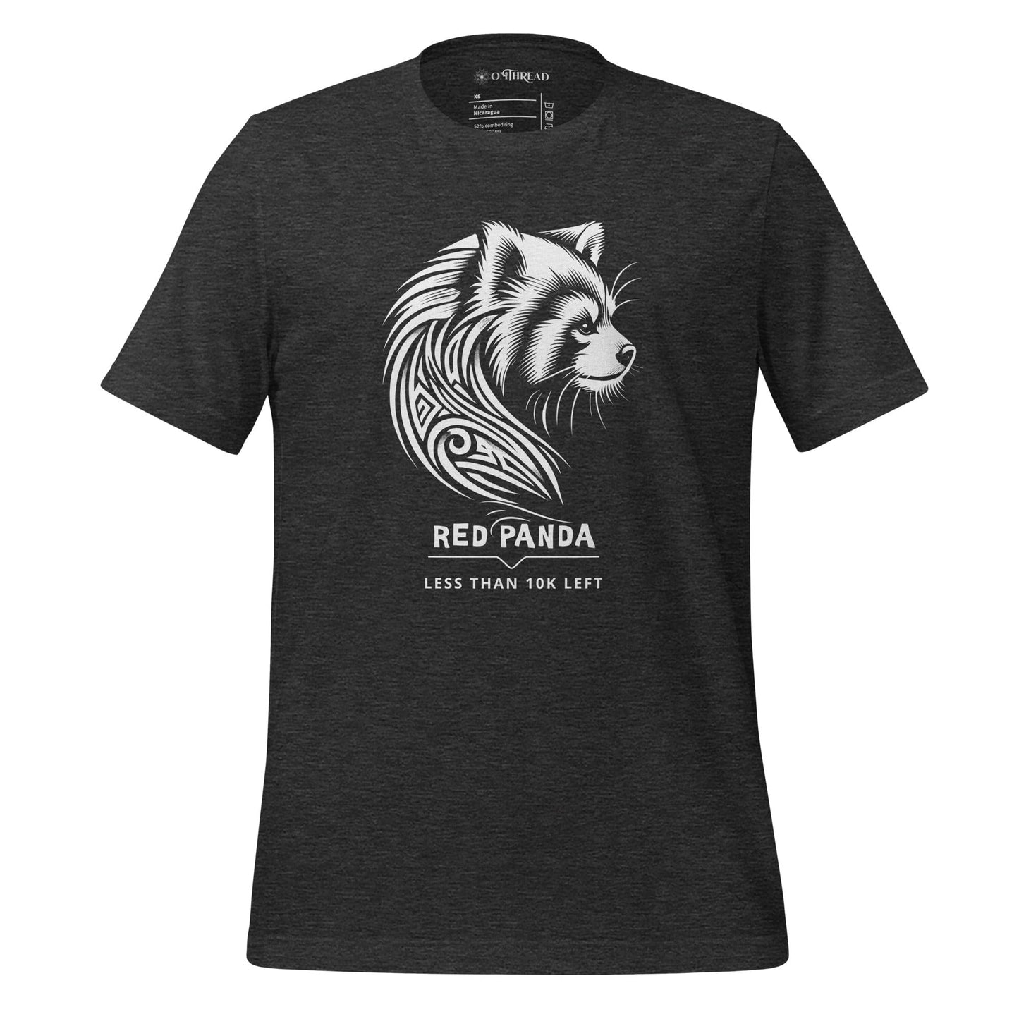 OMThread dark grey heather t-shirt featuring a white tribal-style red panda illustration with the text 'Less Than 10K Left' below the design.