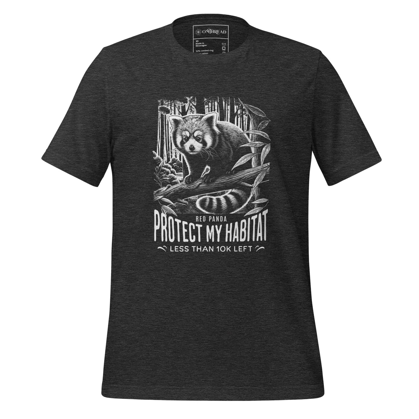 OMThread red panda endangered species t-shirt, dark gray cotton tee featuring a detailed black and white illustration of a red panda in its natural habitat with the message "Protect My Habitat Less Than 10K Left"