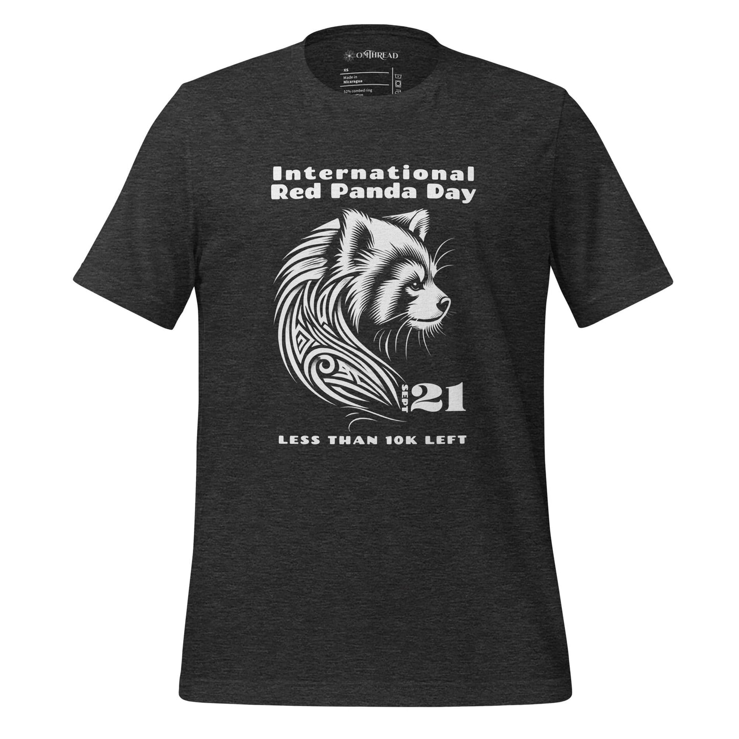 OMThread dark gray t-shirt featuring a white tribal-style illustration of a red panda with the text "International Red Panda Day 21 Less Than 10K Left"