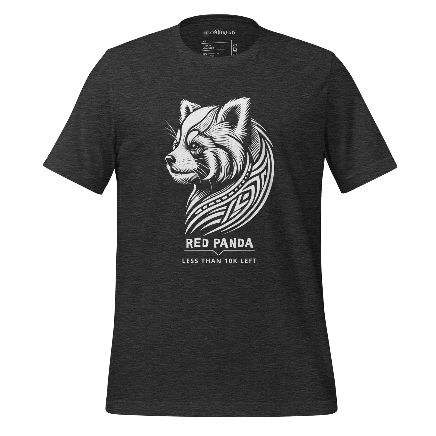 OMThread dark gray t-shirt featuring a tribal-style red panda illustration with the phrase "Less Than 10K Left," highlighting endangered species awareness.
