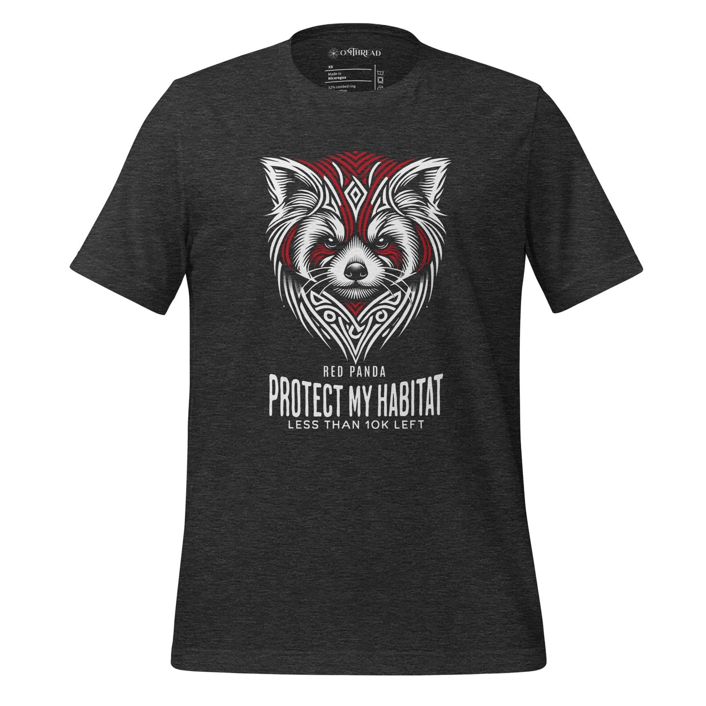OMThread dark gray t-shirt with a red panda tribal-style design and the text "Protect My Habitat Less Than 10K Left" in white and red.