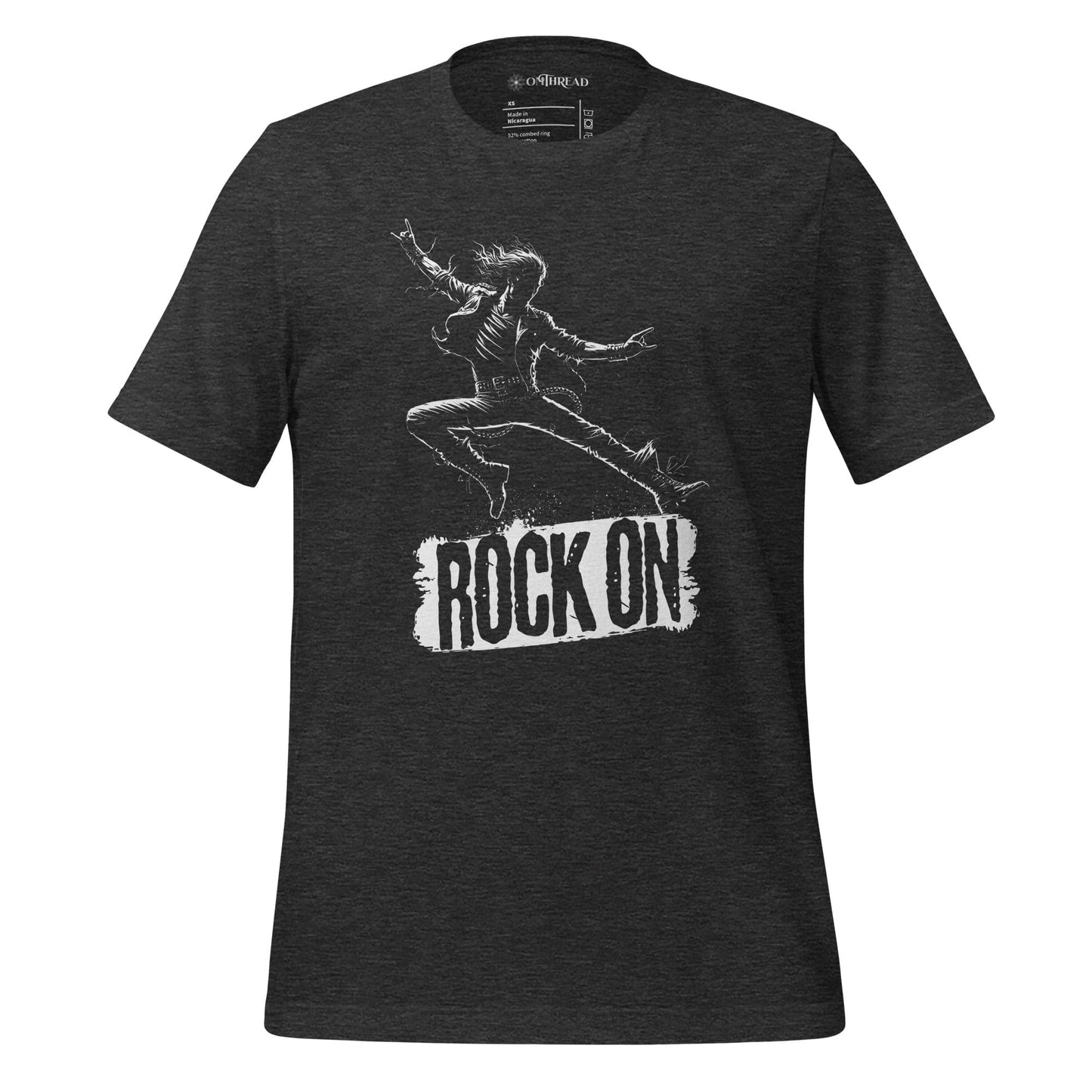 OMTHREAD Rock On Tee, dark gray, featuring a rockstar mid-leap illustration with the text "ROCK ON" in bold.