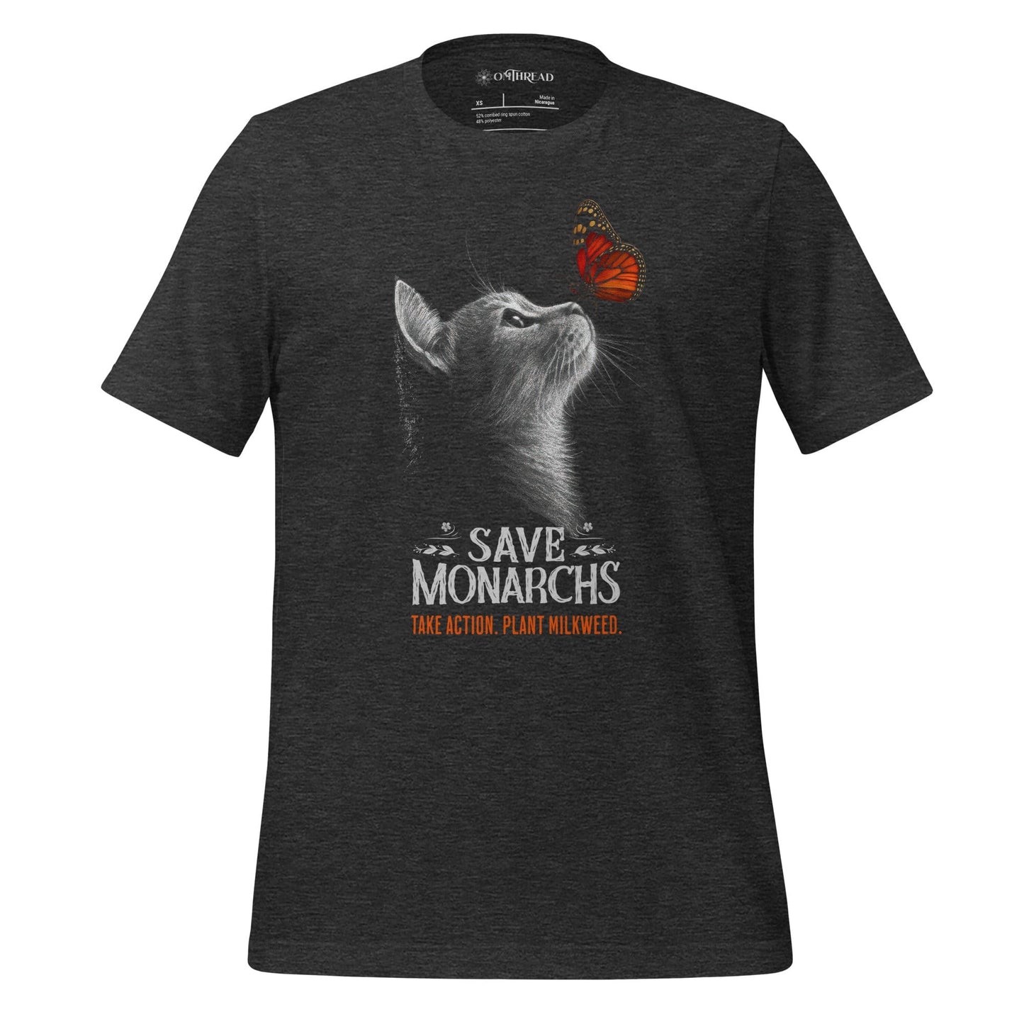 OMTHREAD Dark Grey Heather / XS Save Monarchs, Take Action, Plant Milkweed Cat T-Shirt, Wildlife Conservation Gift Tee
