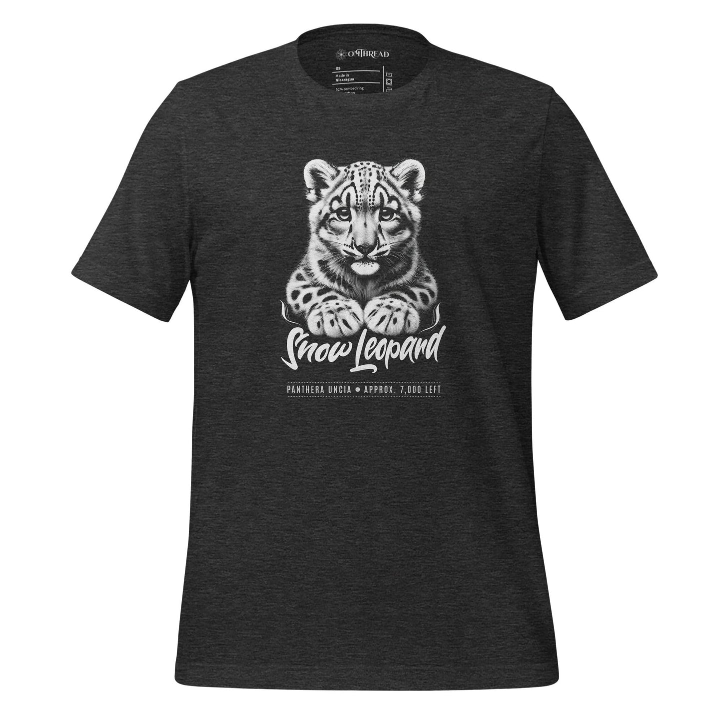 OMThread heather gray t-shirt featuring a detailed black and white illustration of a snow leopard cub with the words "Snow Leopard" and "Panthera uncia" below.
