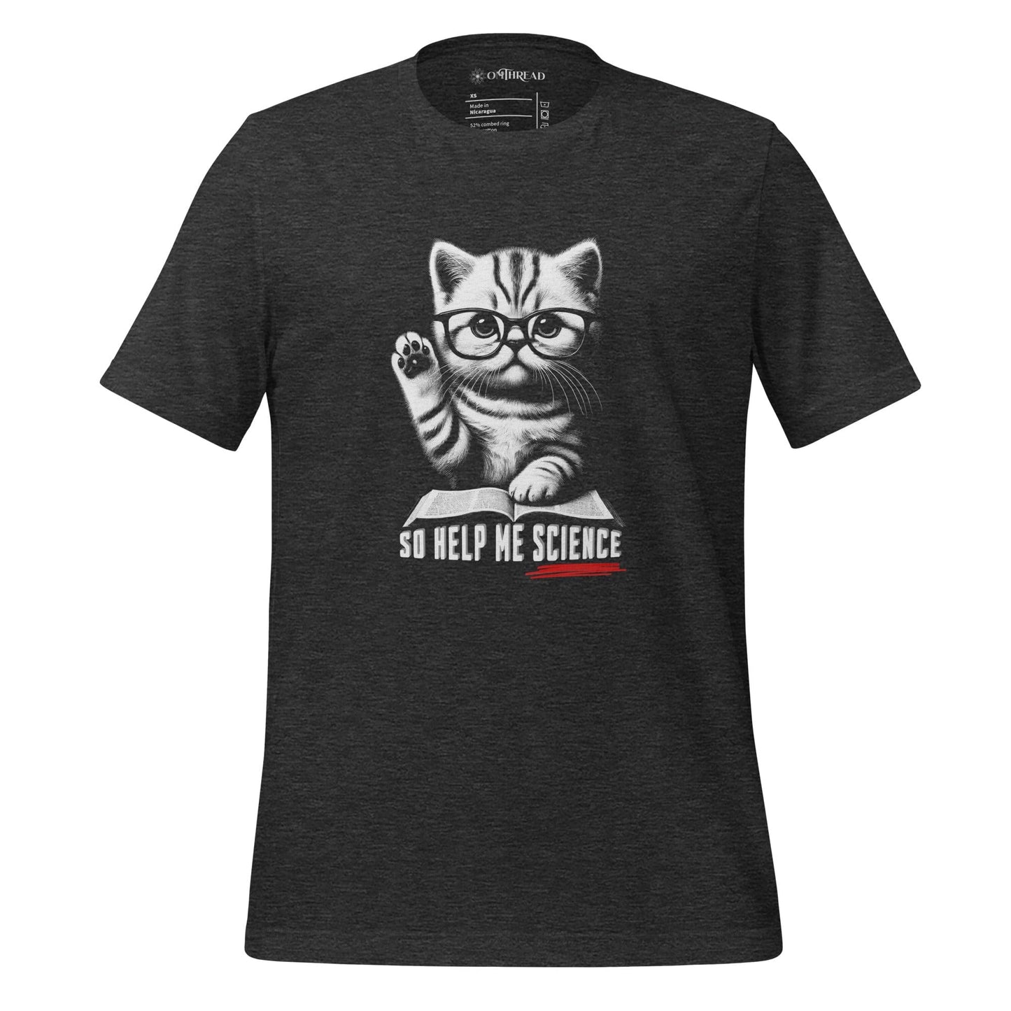 OMTHREAD So Help Me Science dark gray T-shirt featuring a kitten wearing glasses, raising its paw over an open book with the phrase "So Help Me Science" below