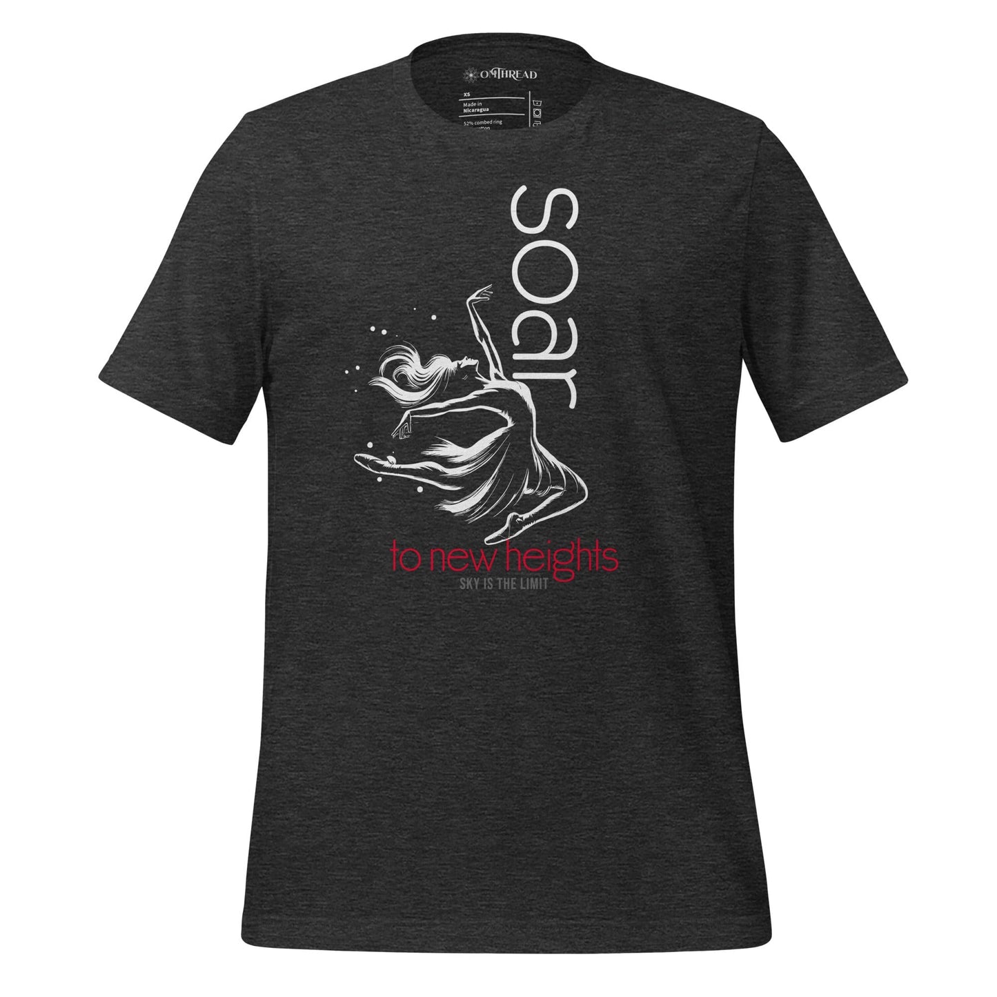 OMTHREAD dark gray t-shirt featuring a white ballet dancer illustration with "Soar to New Heights" in white and red text.