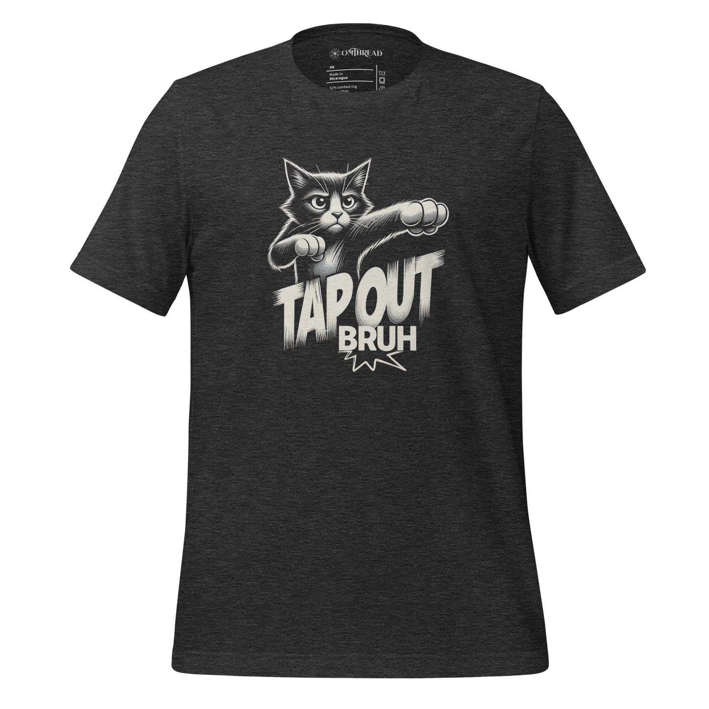 Dark gray t-shirt featuring a comic-style design of a fierce black-and-white cat throwing punches. The text 'TAP OUT BRUH' appears in bold, dynamic lettering.