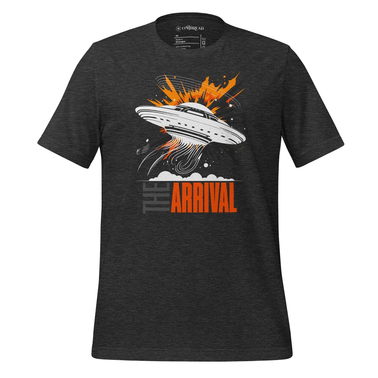 OMThread The Arrival UFO Enthusiast Tee, dark gray, featuring a UFO emitting glowing beams with explosive orange accents and the text "THE ARRIVAL" in contrasting gray and orange.
