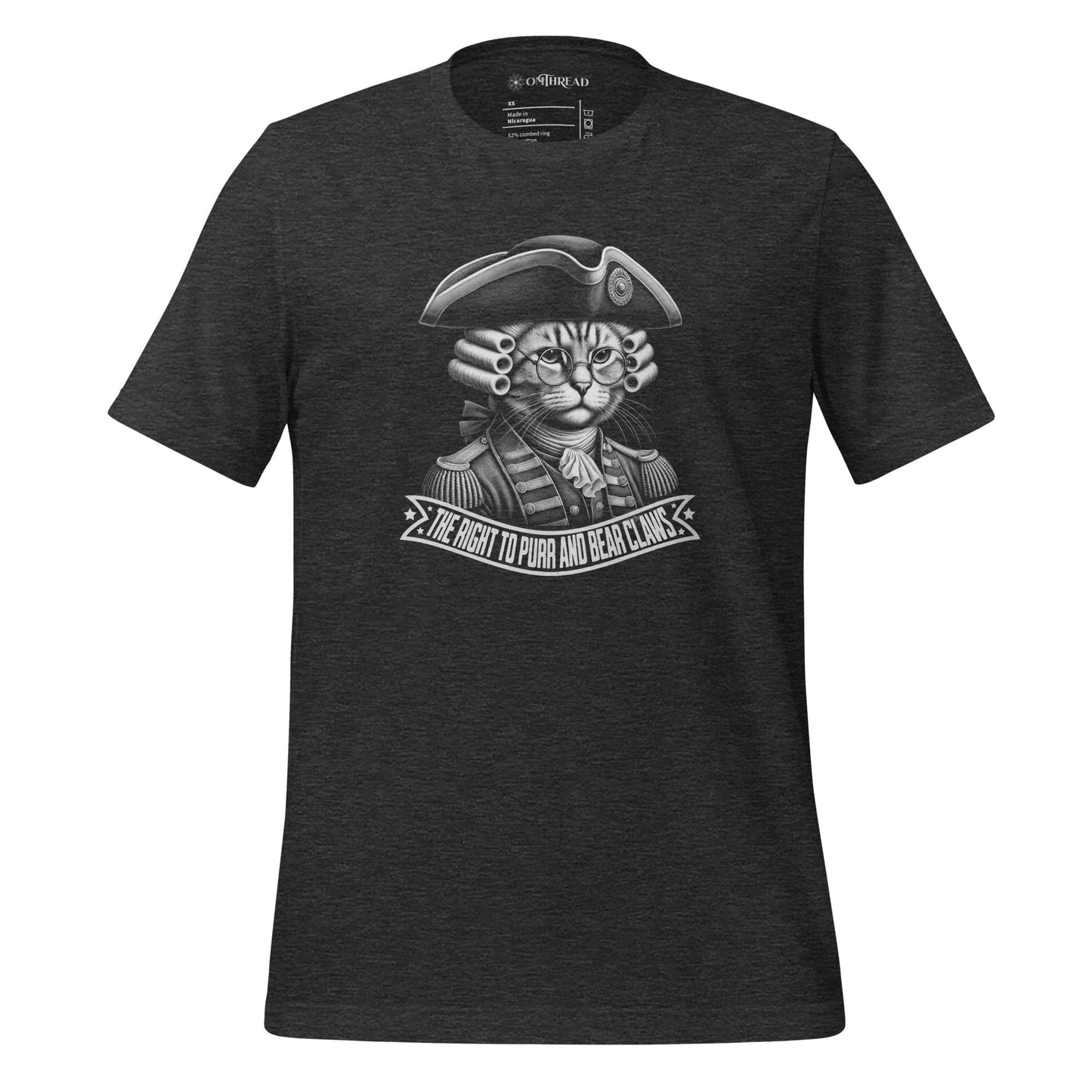 OMThread dark gray t-shirt featuring a cat in 18th-century revolutionary attire, complete with a tricorn hat, powdered wig, and glasses. The design includes a bold banner reading 'The Right to Purr and Bear Claws' in stylized lettering.