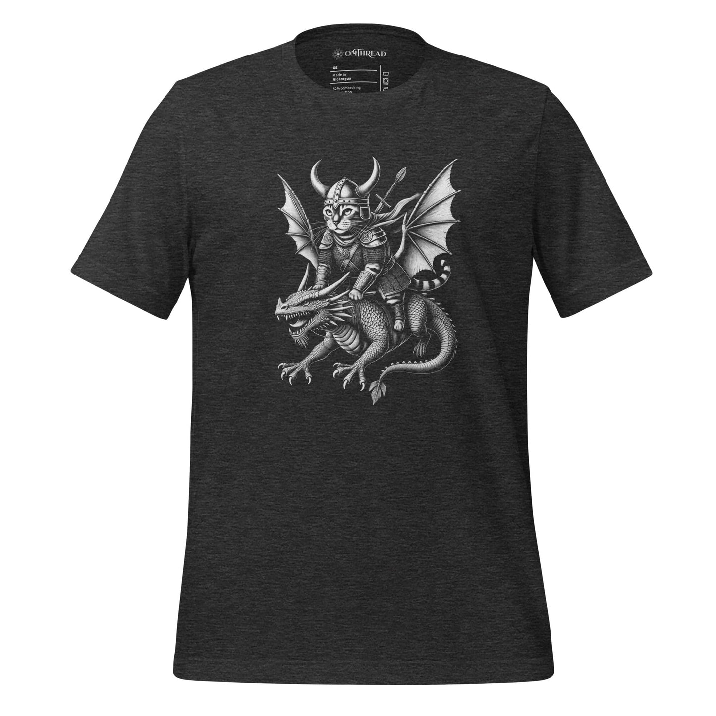 OMThread Viking Cat Dragon Rider dark gray t-shirt featuring a detailed black and white illustration of a feline warrior in Viking armor, holding a spear while riding a fierce dragon with large wings and sharp claws.