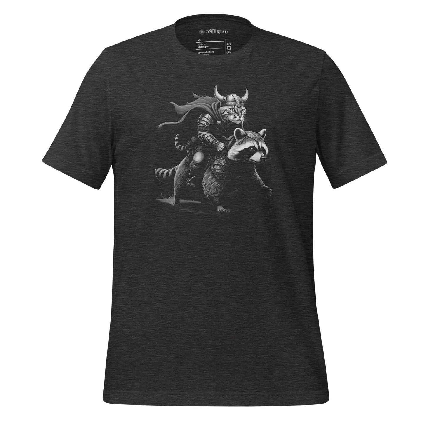 A dark gray t-shirt featuring a Viking-themed illustration of a warrior cat wearing a horned helmet and armor, riding a fierce armored raccoon.
