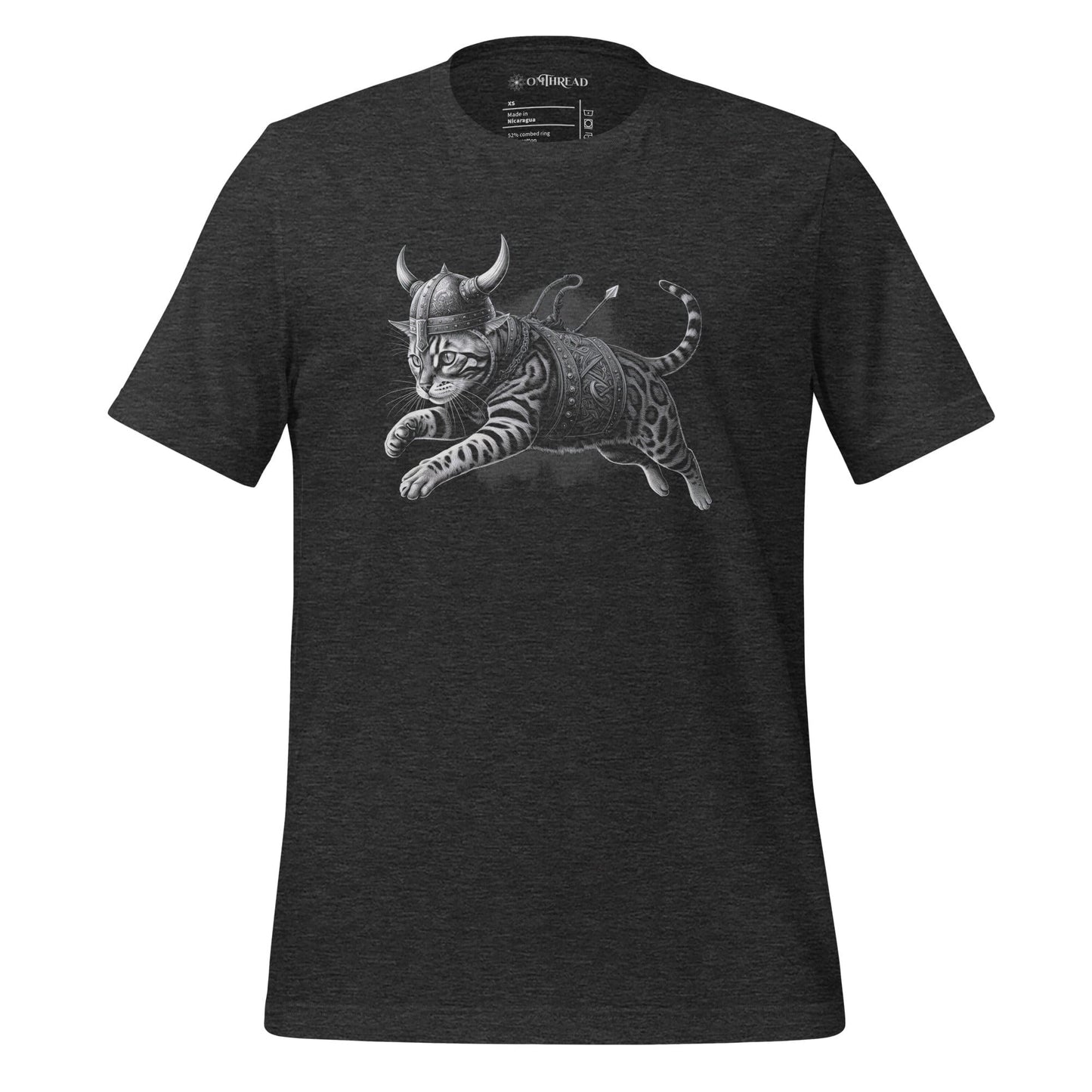 OMThread Viking Cat Warrior dark gray t-shirt featuring an illustration of a fierce cat dressed in Viking armor with a horned helmet, leaping into battle. The cat is clad in detailed armor.