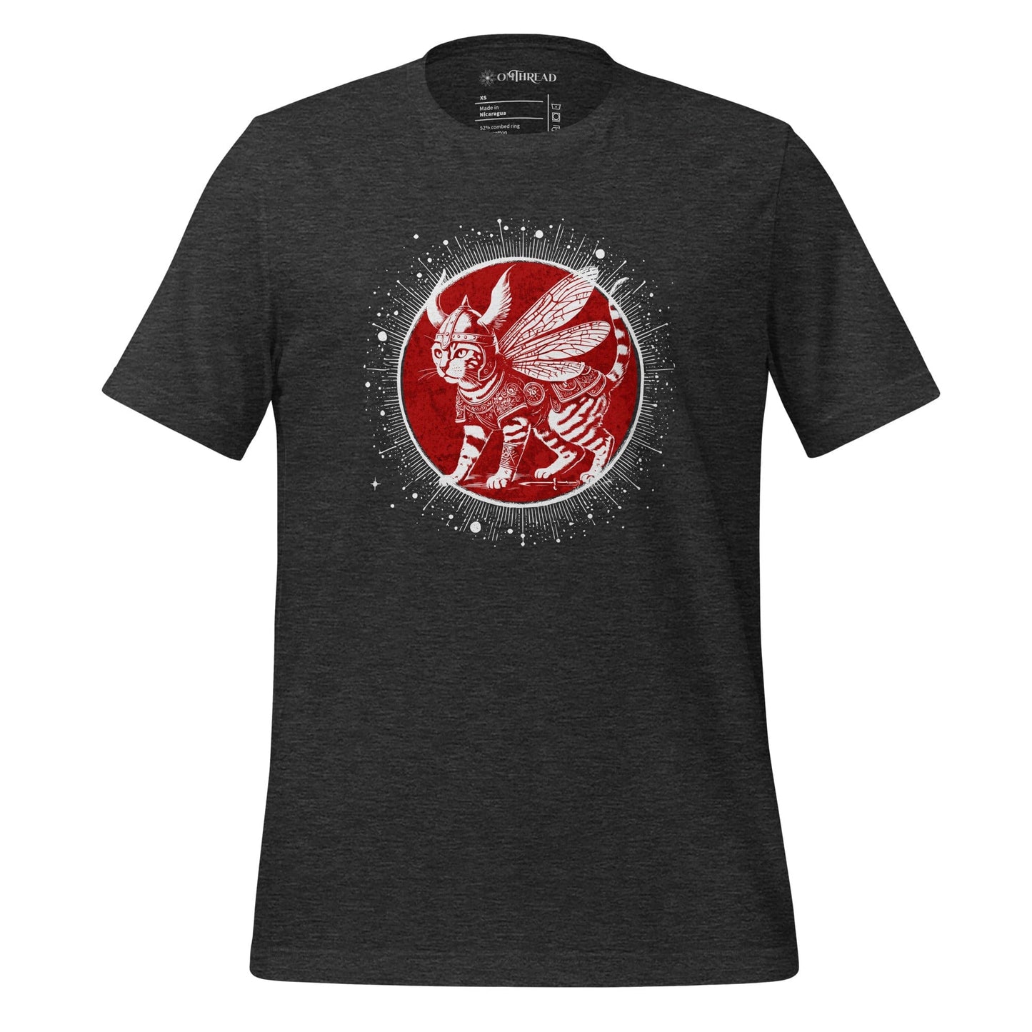 OMThread dark gray t-shirt featuring a Viking cat with wings, wearing Norse-inspired armor, set against a red circular backdrop with celestial details. The feline has intricate markings and an intense gaze.