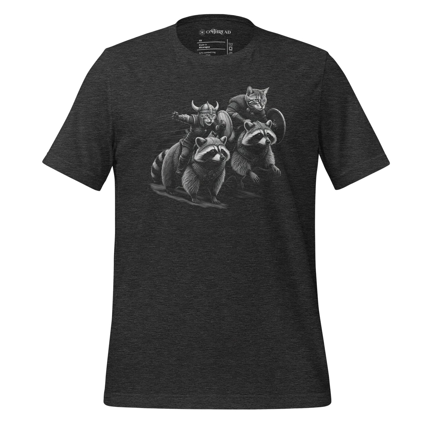 OMTHREAD dark gray t-shirt featuring two Viking cats in armor and helmets, riding armored raccoons. One cat holds a sword, the other carries a shield. The design is intricately detailed, depicting dynamic motion and a fantasy warrior theme.