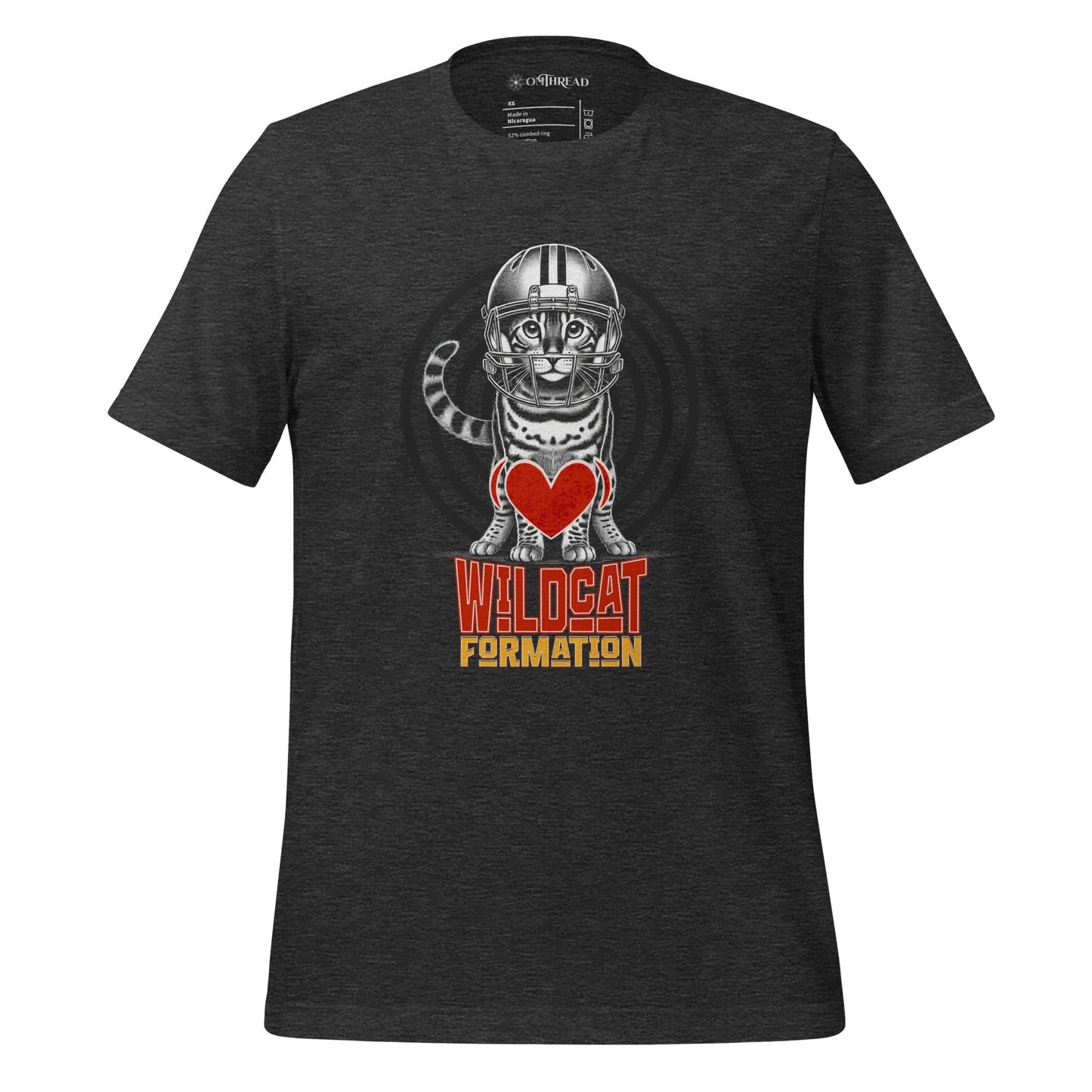 OMThread Wildcat Formation dark gray T-Shirt featuring a Bengal cat wearing a football helmet, standing confidently with a red heart on its chest. Below, the text reads "Wildcat Formation" in bold lettering.
