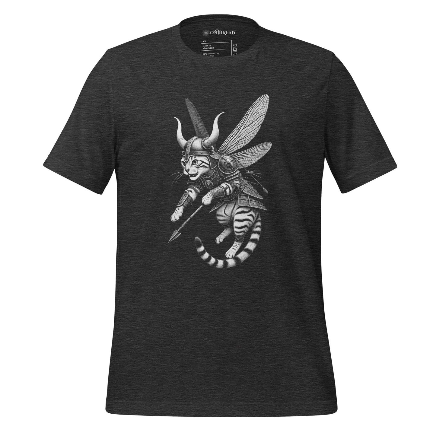 OMThread dark gray t-shirt featuring a Viking warrior cat in full armor with dragonfly wings, wielding a spear. The feline has a fierce expression, wearing a horned helmet and detailed armor, blending fantasy and Norse mythology elements.