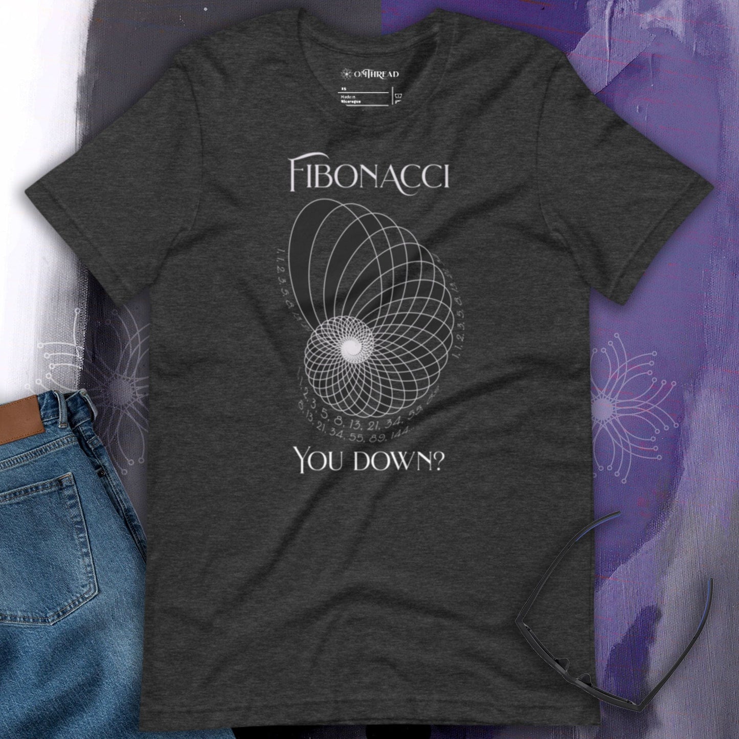 OMTHREAD Fibonacci, You Down? Science Geek Tee, dark grey, Fibonacci sequence design with spiral and numbers