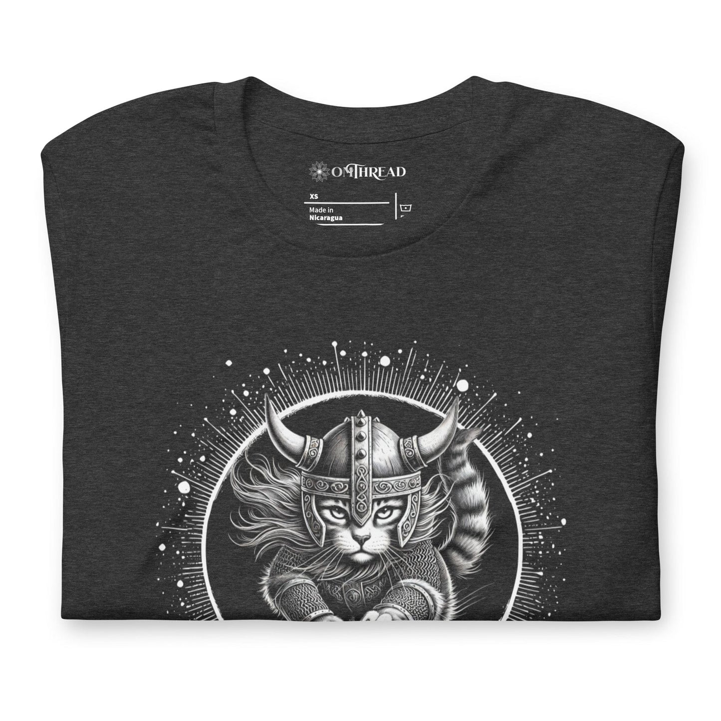 Dark gray t-shirt featuring a Viking cat warrior leaping forward, wearing a horned helmet and armor, set against a cosmic circular background with radiant lines.
