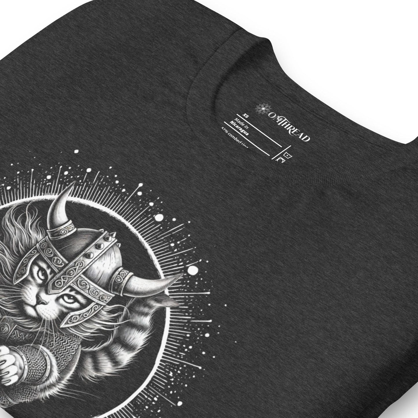 Dark gray t-shirt featuring a Viking cat warrior leaping forward, wearing a horned helmet and armor, set against a cosmic circular background with radiant lines.