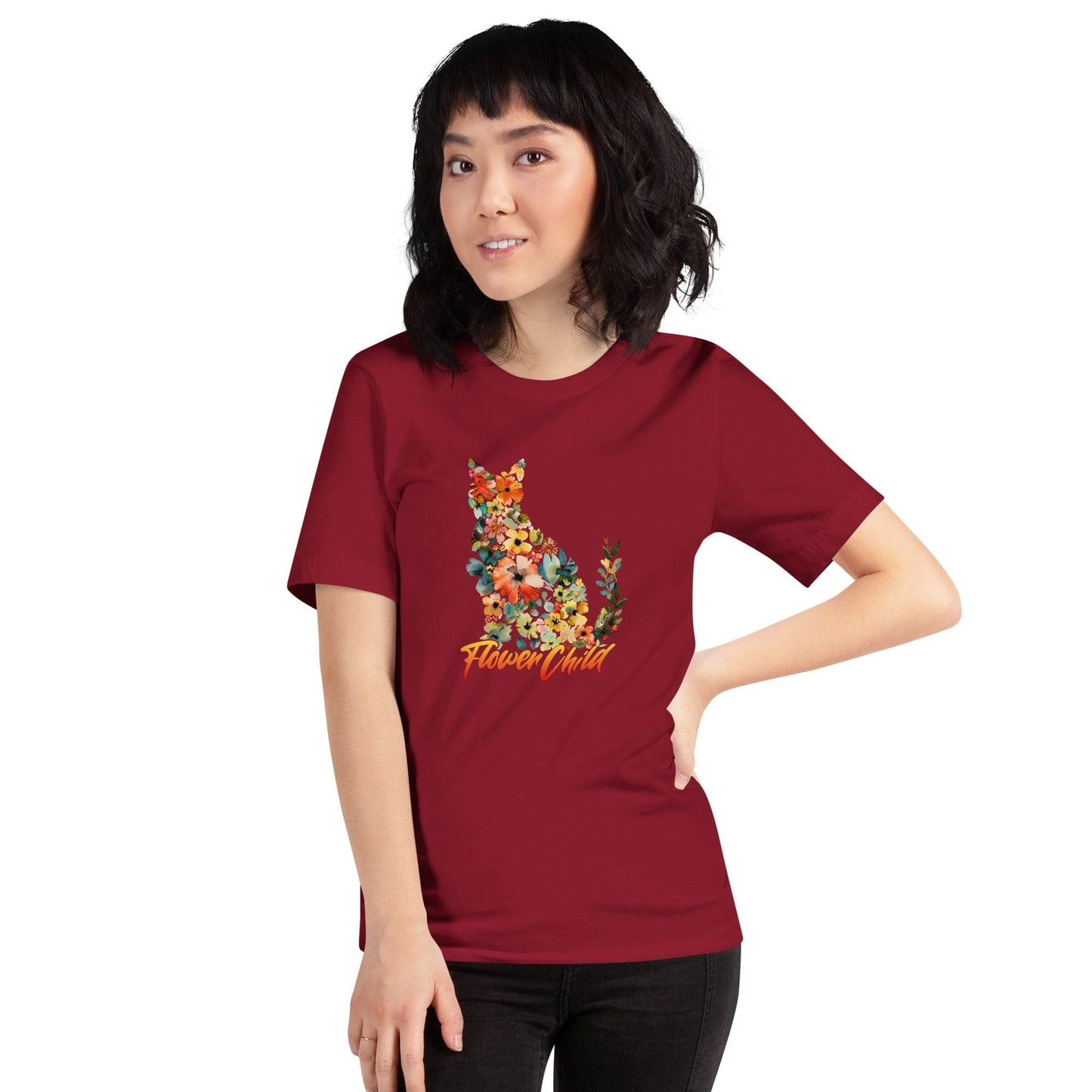 OMTHREAD Floral Cat Flower Child T-Shirt | Nature-Inspired, Spring Season Cat Lover Tee