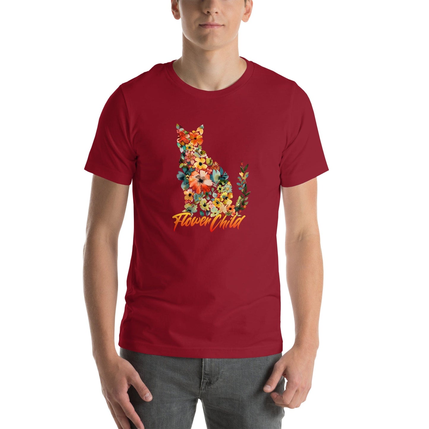 OMTHREAD Floral Cat Flower Child T-Shirt | Nature-Inspired, Spring Season Cat Lover Tee