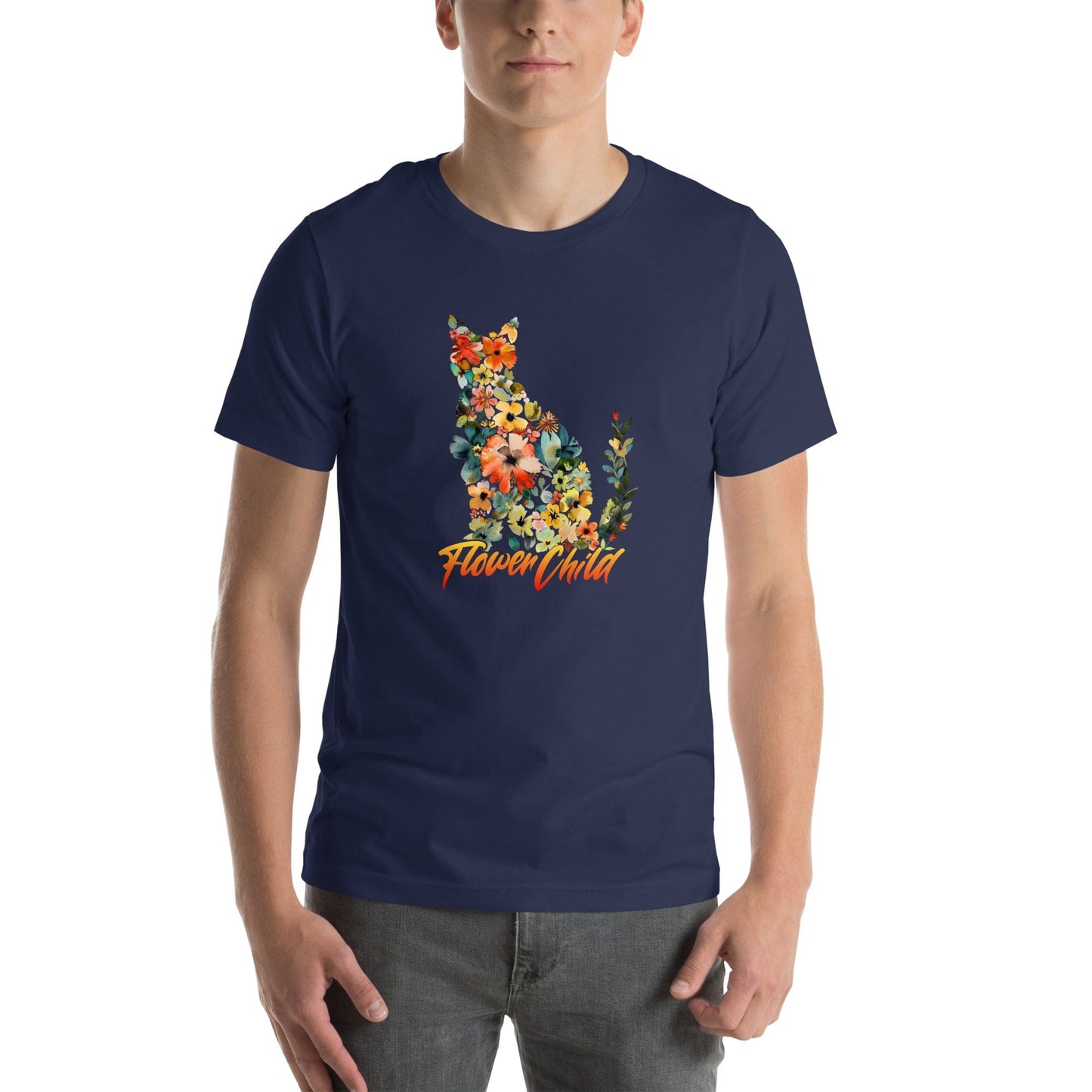 Navy blue t-shirt featuring a floral cat silhouette made of blooming flowers in vibrant colors. Below, the text 'Flower Child' is written in artistic script.
