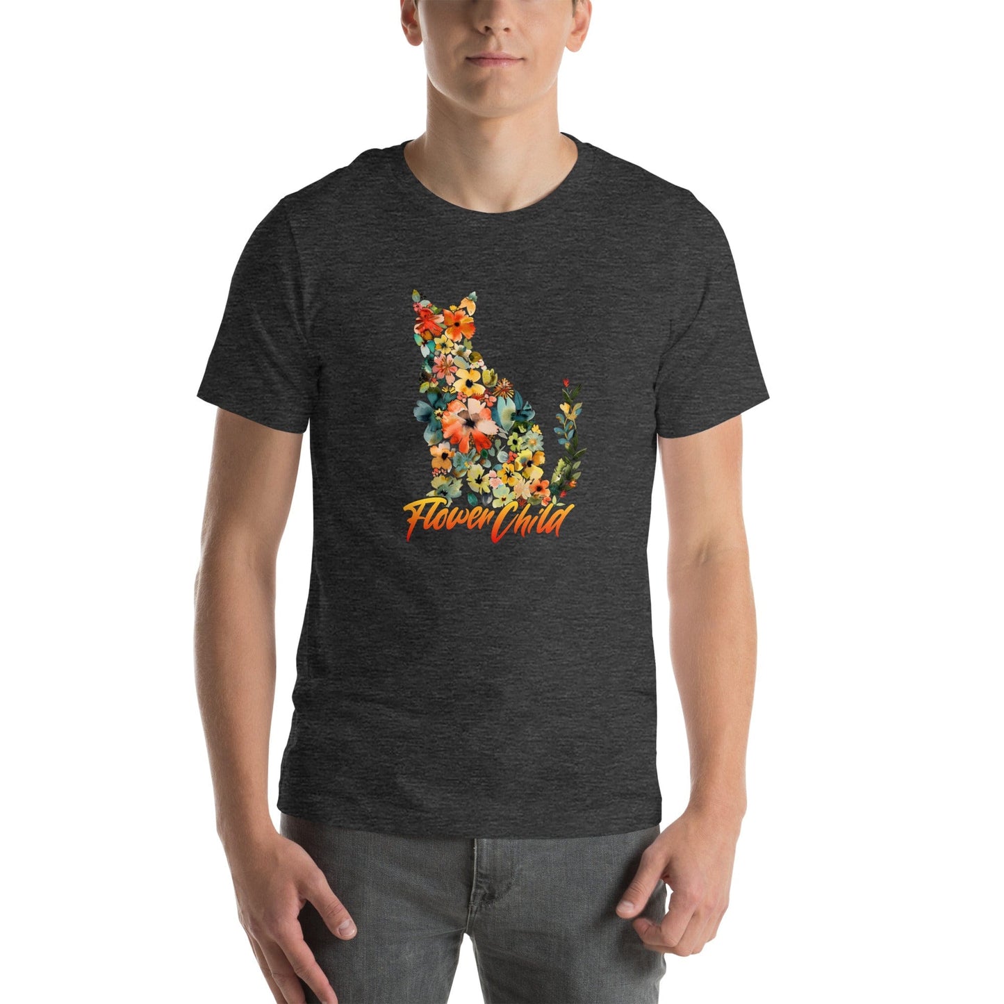 OMTHREAD Floral Cat Flower Child T-Shirt | Nature-Inspired, Spring Season Cat Lover Tee