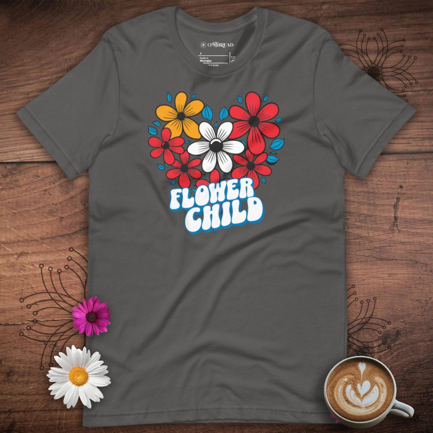 OMTHREAD Flower Child Nostalgic Tee gray shirt with colorful flowers and "Flower Child" text