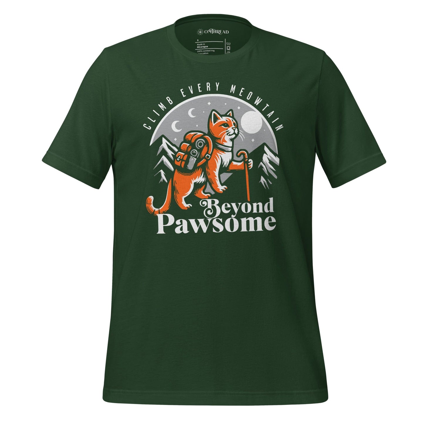OMThread forest t-shirt featuring an adventurous orange cat with a backpack and hiking stick. The cat stands against a mountain and moonlit night backdrop. The design includes the text "Climb Every Meowntain" above and "Beyond Pawsome" below.