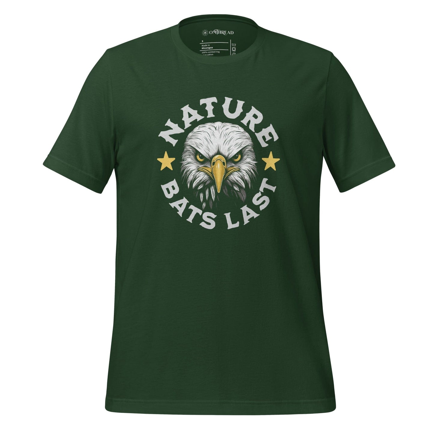 OMTHREAD green t-shirt featuring a fierce bald eagle illustration with "Nature Bats Last" text in bold white letters, accented by two yellow stars.
